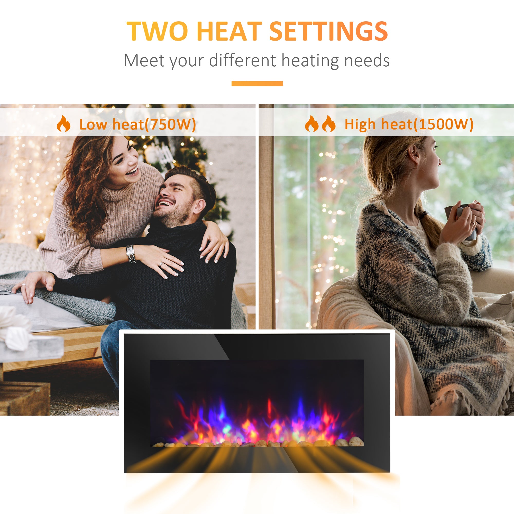 HOMCOM 36" Wall-Mounted Electric Fireplace, 750/1500W Fireplace Heater with Flame Effect, 7 Color Background Light and Side Light, Black