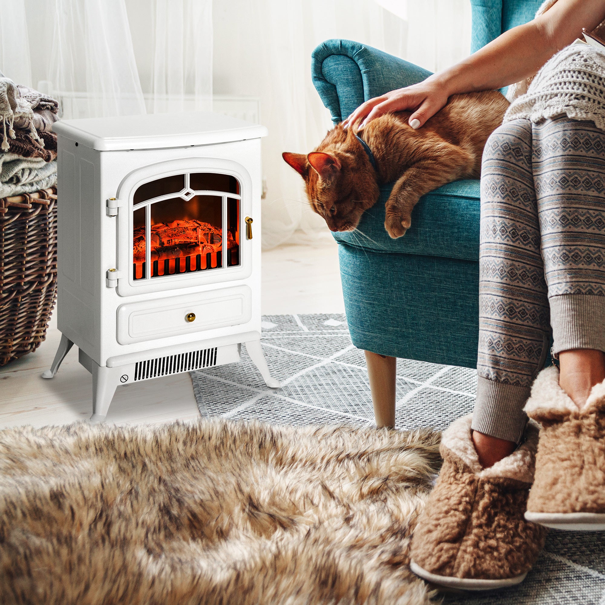 HOMCOM 16" Free Standing Electric Fireplace Portable Adjustable Stove with Heater Wood Burning Flame 750/1500W White