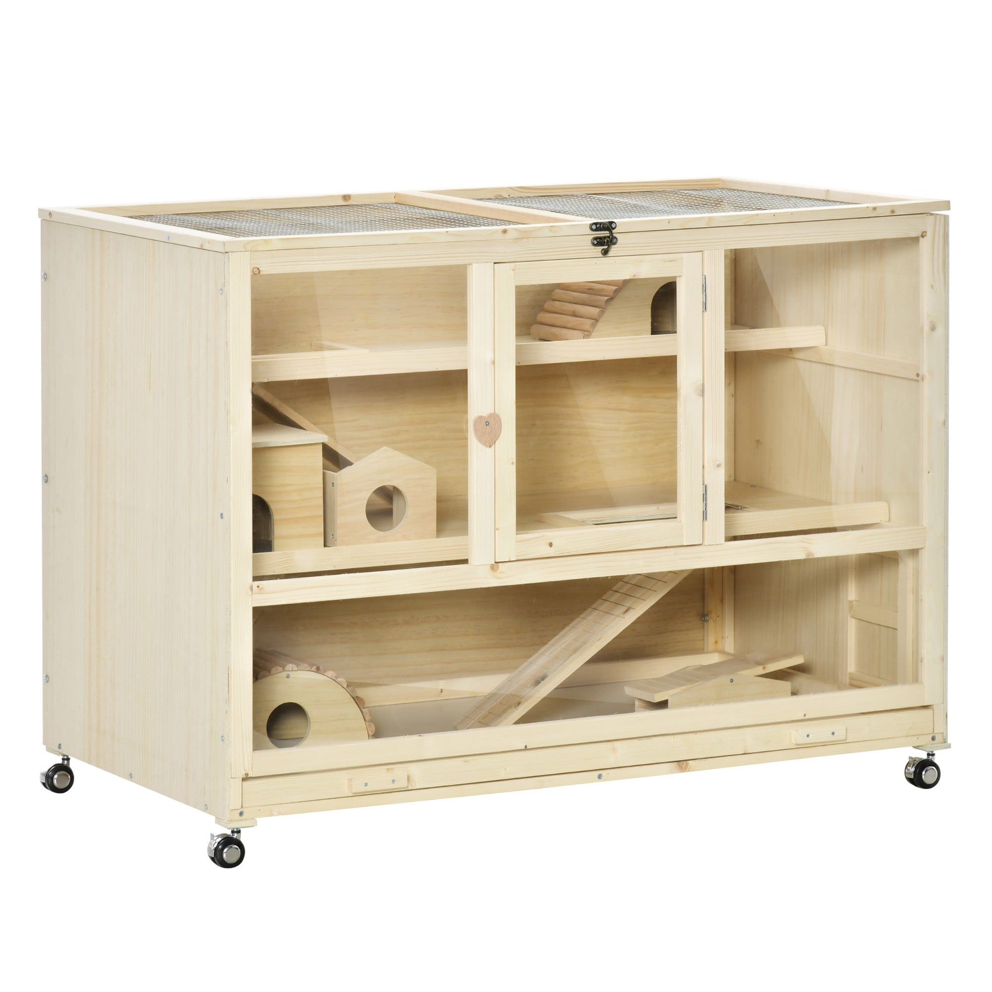 PawHut Wooden Hamster Cage, 3 Tier Rat Cage with Openable Roof, Run, Ladders, Run, Ladders, Wheels, Tray, Natural Wood