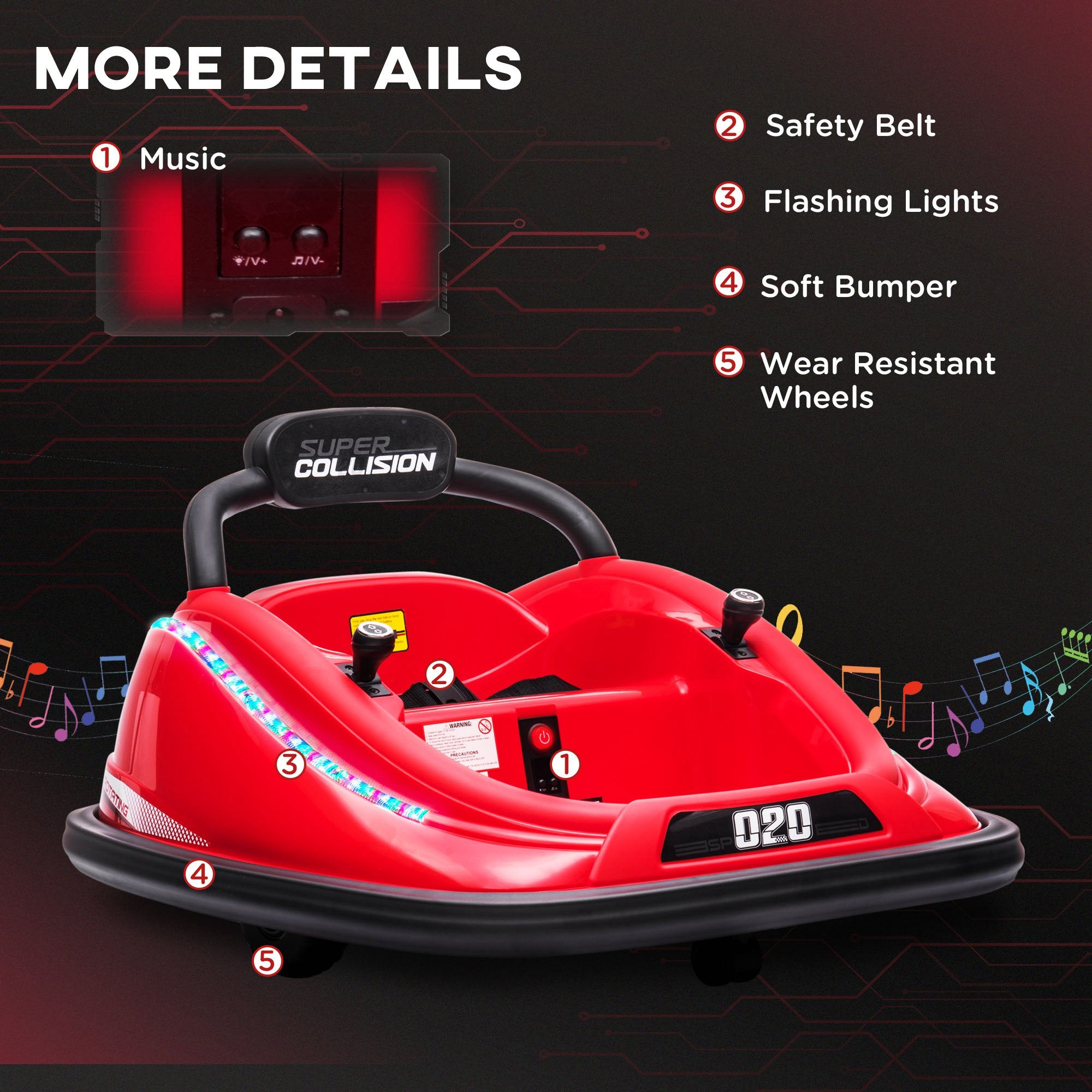 Aosom 12V Kids Bumper Car, 360° Rotation Electric Ride On Car, Twins Motor Battery Powered Toy, w/ Parent Remote Control, Safety Belt, Colorful LED Lights,, Red