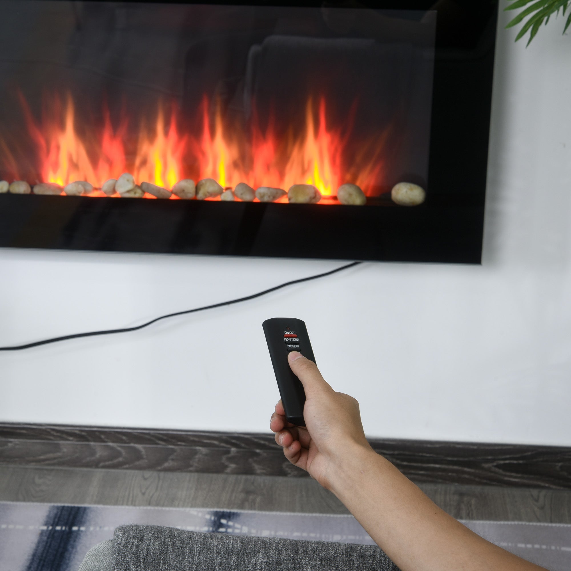 HOMCOM 36" Wall-Mounted Electric Fireplace, 750/1500W Fireplace Heater with Flame Effect, 7 Color Background Light and Side Light, Black