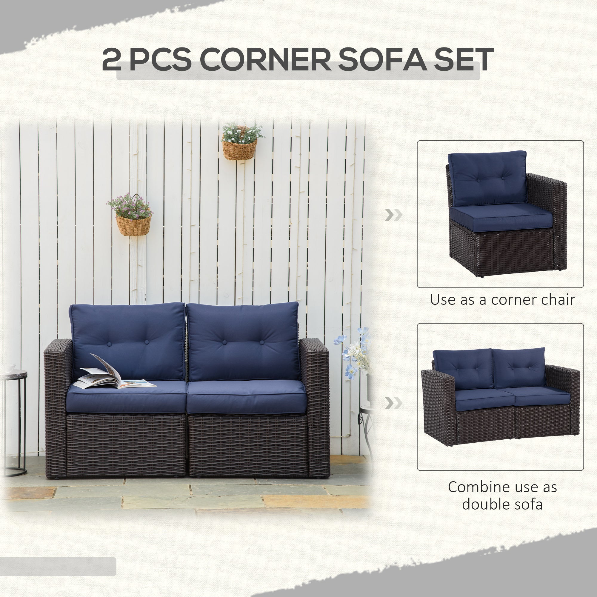 Outsunny 2 Pieces Patio Furniture Set Outdoor Loveseat Wicker Corner Sofa Set Outdoor Freely Combination PE Rattan Furniture, W/ Curved Armrests & Padded Cushion for Balcony, Garden, Lawn, Dark Blue