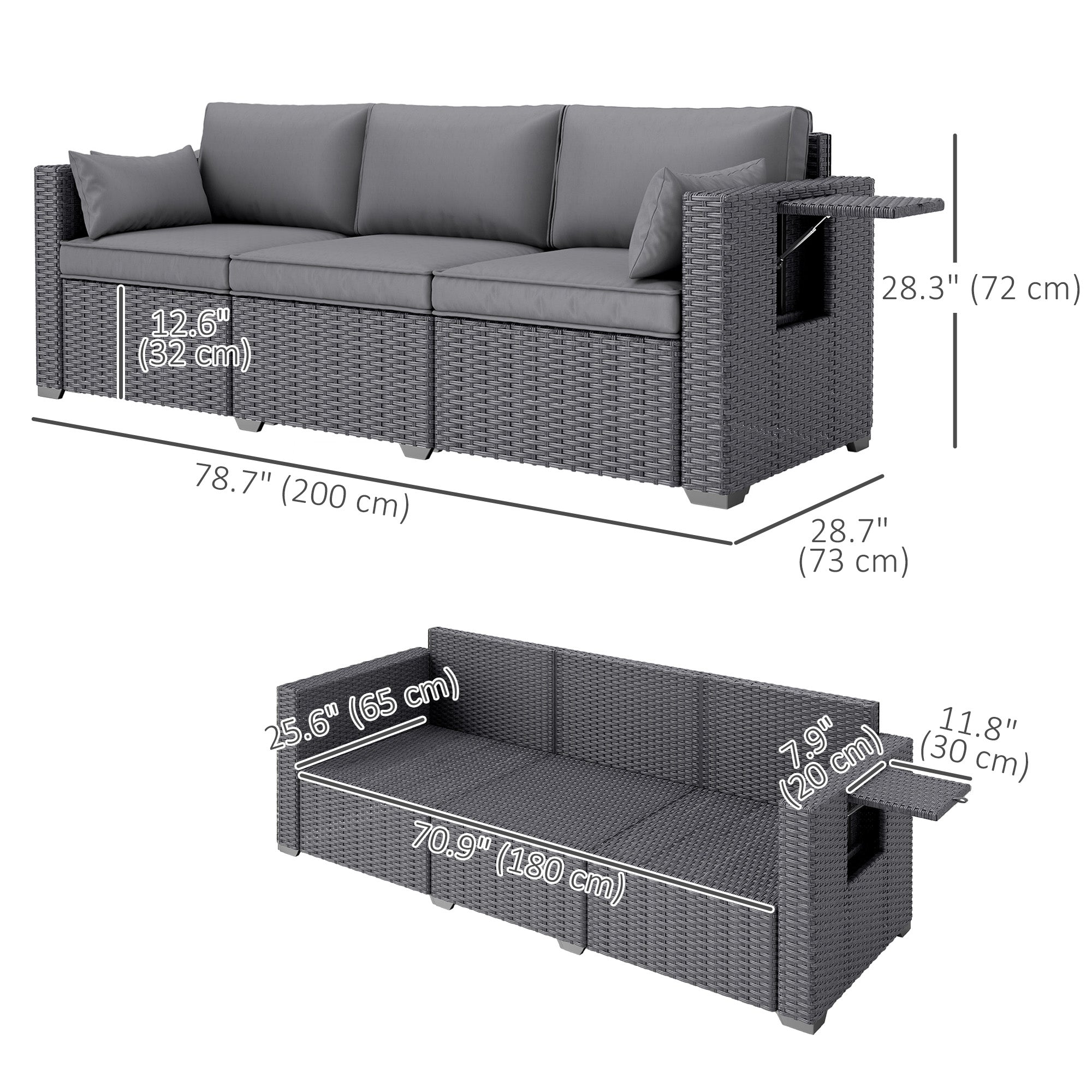 Outsunny 3 Seater Wicker Patio Sofa with Side Trays, Outdoor Couch with 6" Thick Back Cushions, Deep Seating, Grey