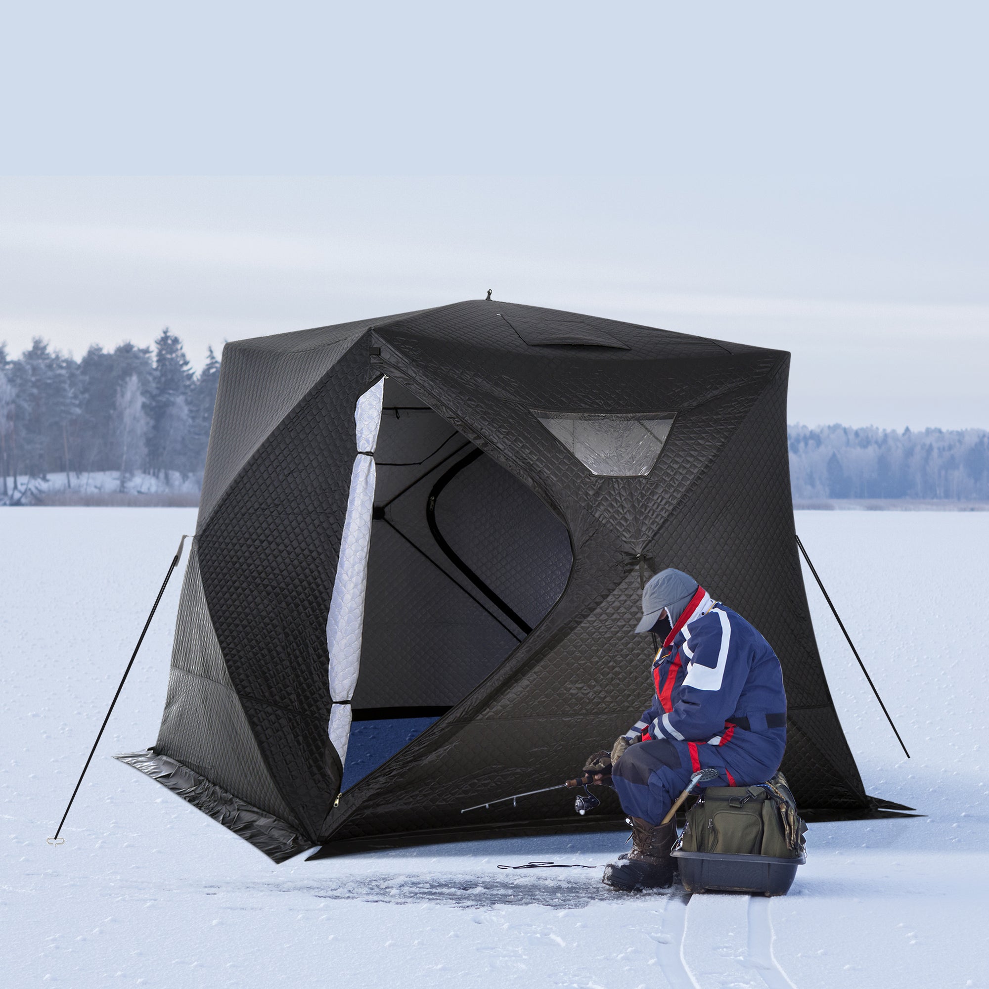Outsunny 4-Person Insulated Ice Fishing Tent, Portable Ice Fishing Shelter with Ventilation Windows, Carry Bag, Two Doors and Anchors for Low-Temp -22℉