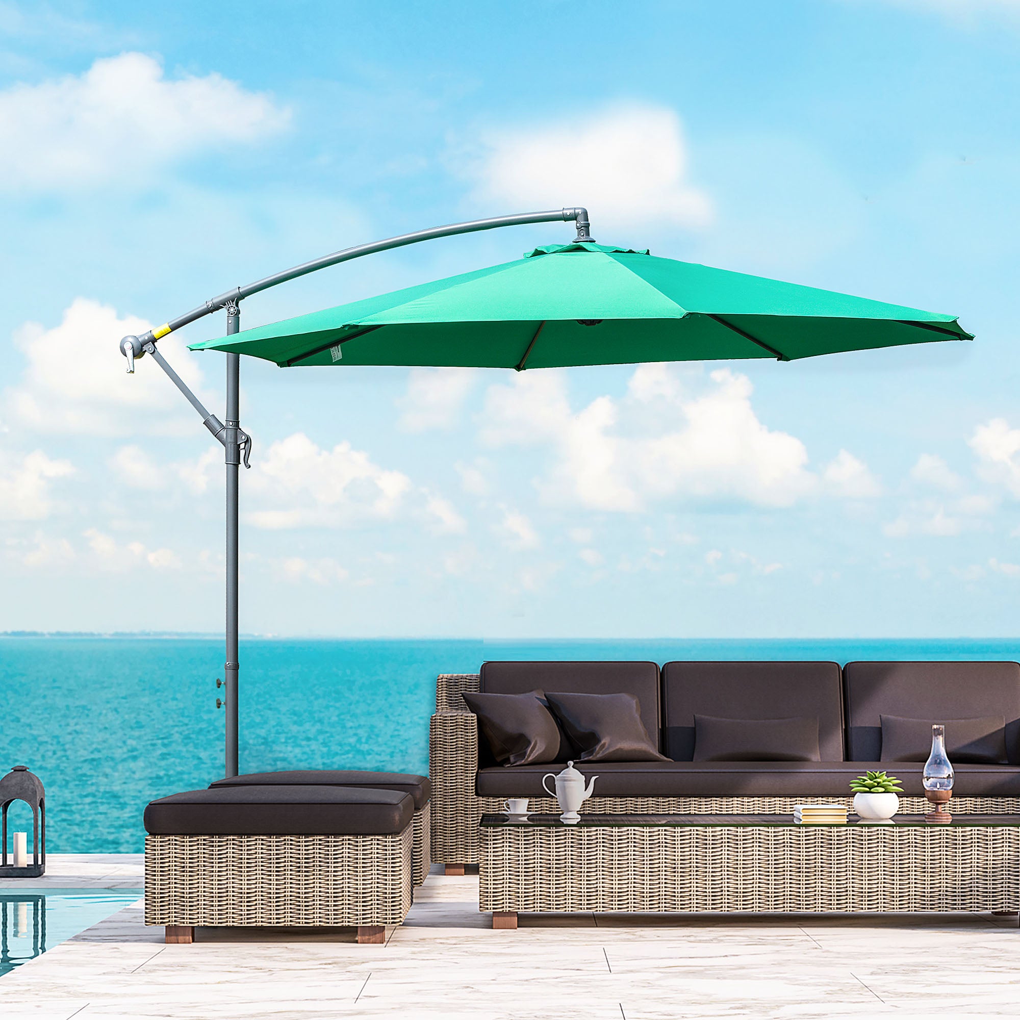 Outsunny 10ft Offset Patio Umbrella with Base, Garden Hanging Parasol with Crank, Banana Cantilever Umbrella Sun Shade, Green