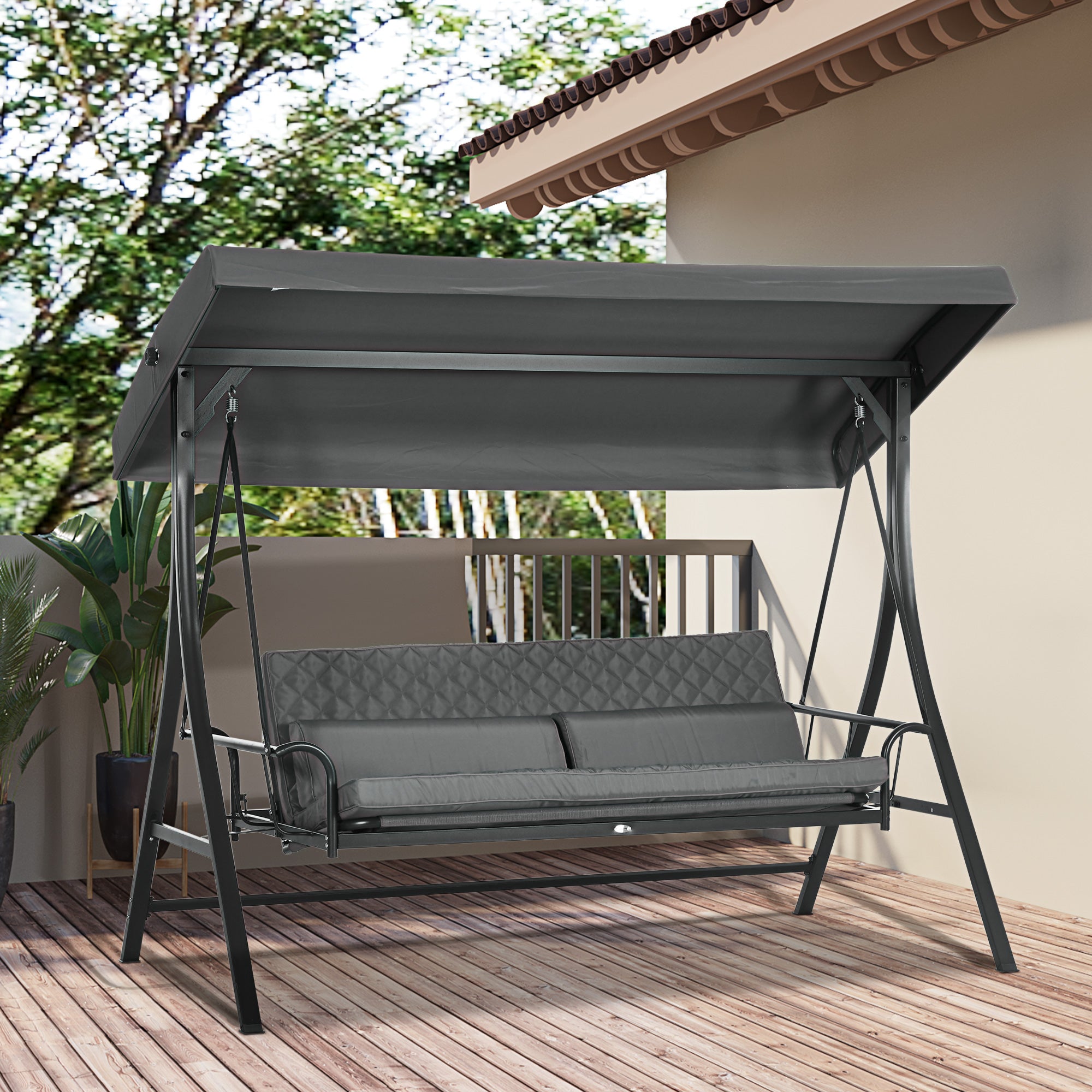 Outsunny 3 Person Porch Swing Bench with Adjustable Canopy, Cushions, Pillows for Porch and Backyard, Dark Grey