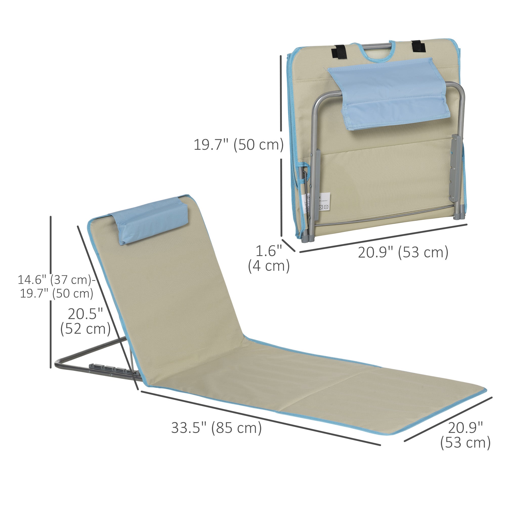 Outsunny Set of 2 Beach Lounge Chair, Folding Ground Beach Mat w/ Adjustable Back, Steel Frame, Head Pillow and Carry Bag, Beige