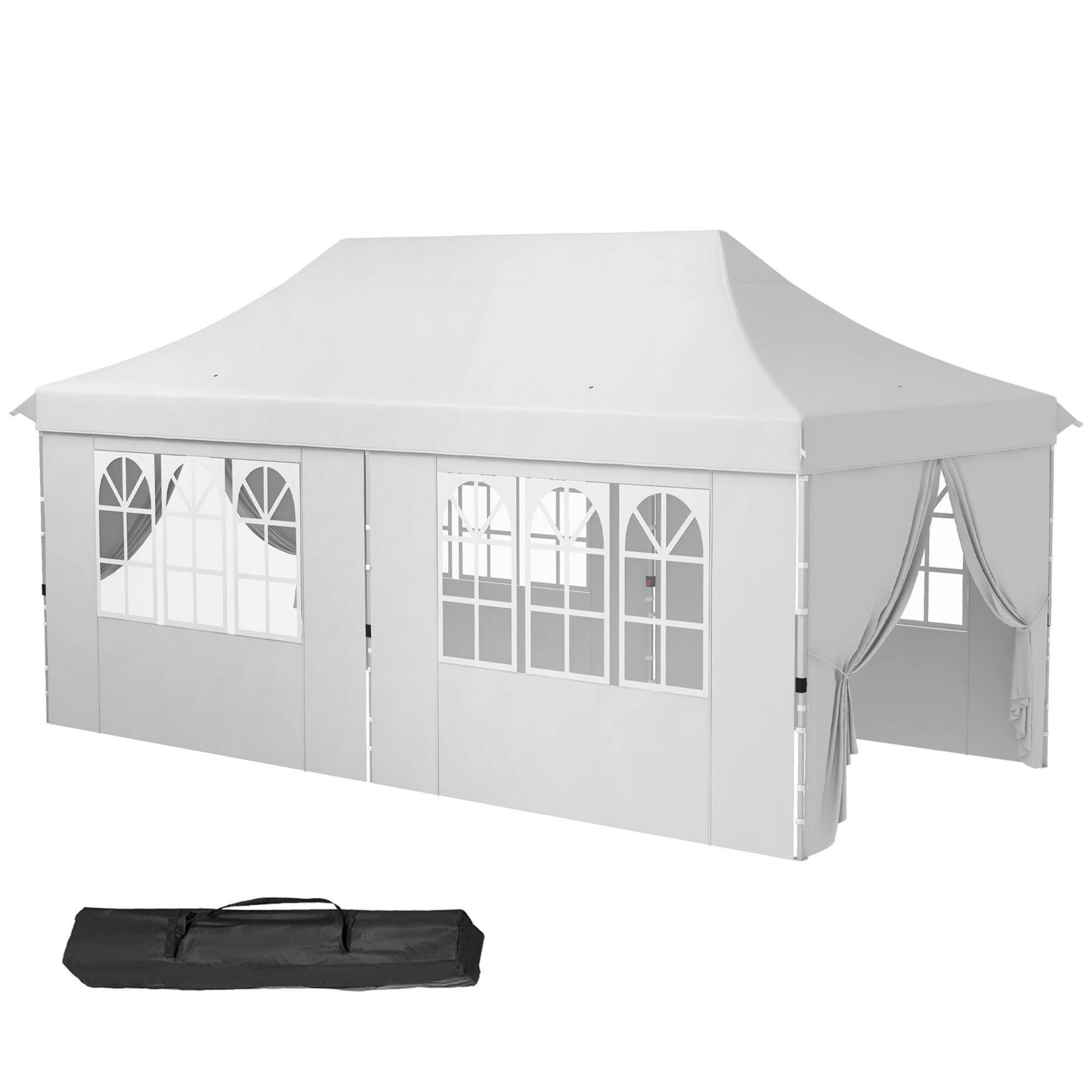 Outsunny 20x10 Pop Up Canopy with 6 Removable Sidewall, Carry Bag and 6 Sand Bags, Height Adjustable Instant Sun Shelter, White
