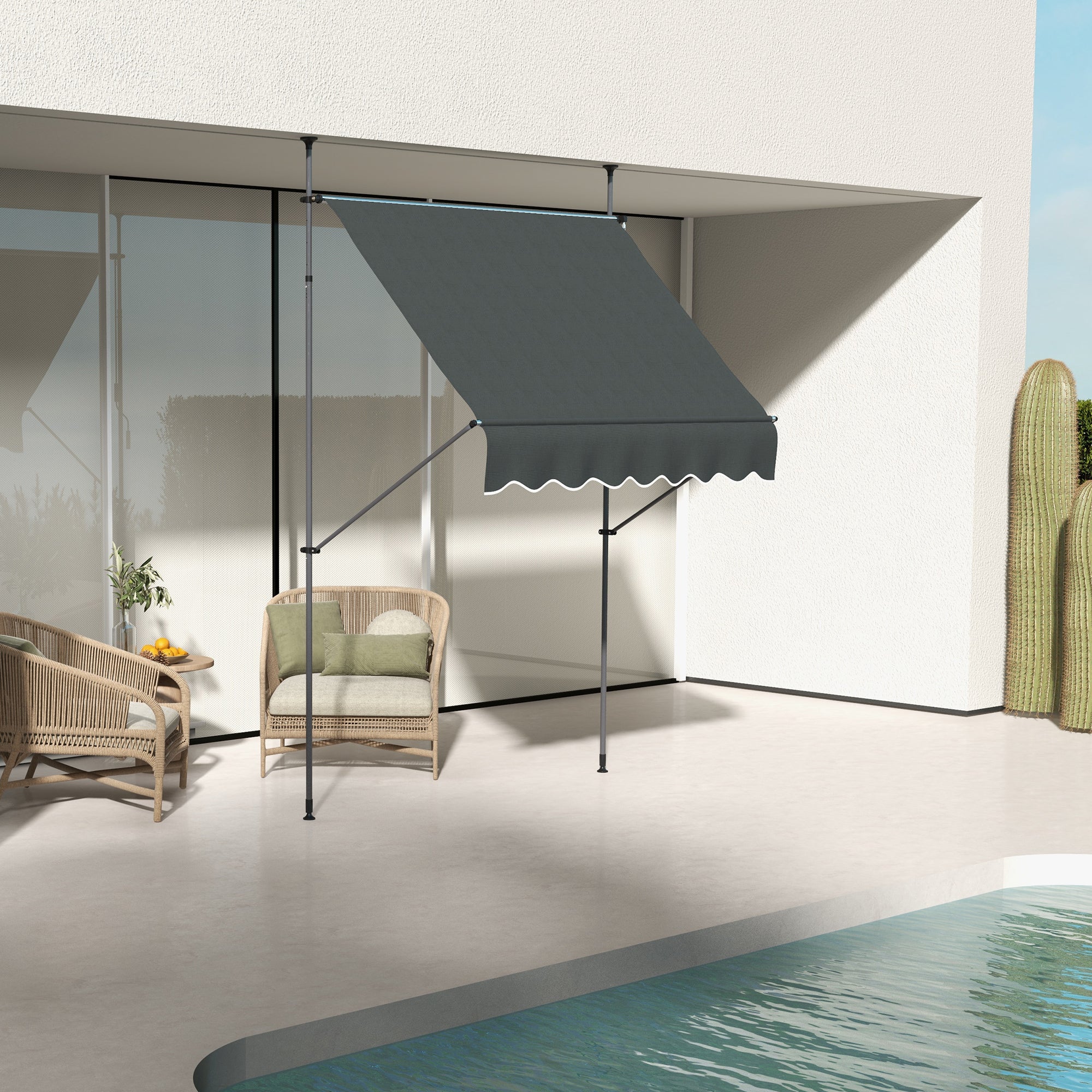 Outsunny 6.5' x 4' Manual Retractable Awning, Non-Screw Freestanding Patio Awning, UV Resistant, for Window or Door, Dark Grey
