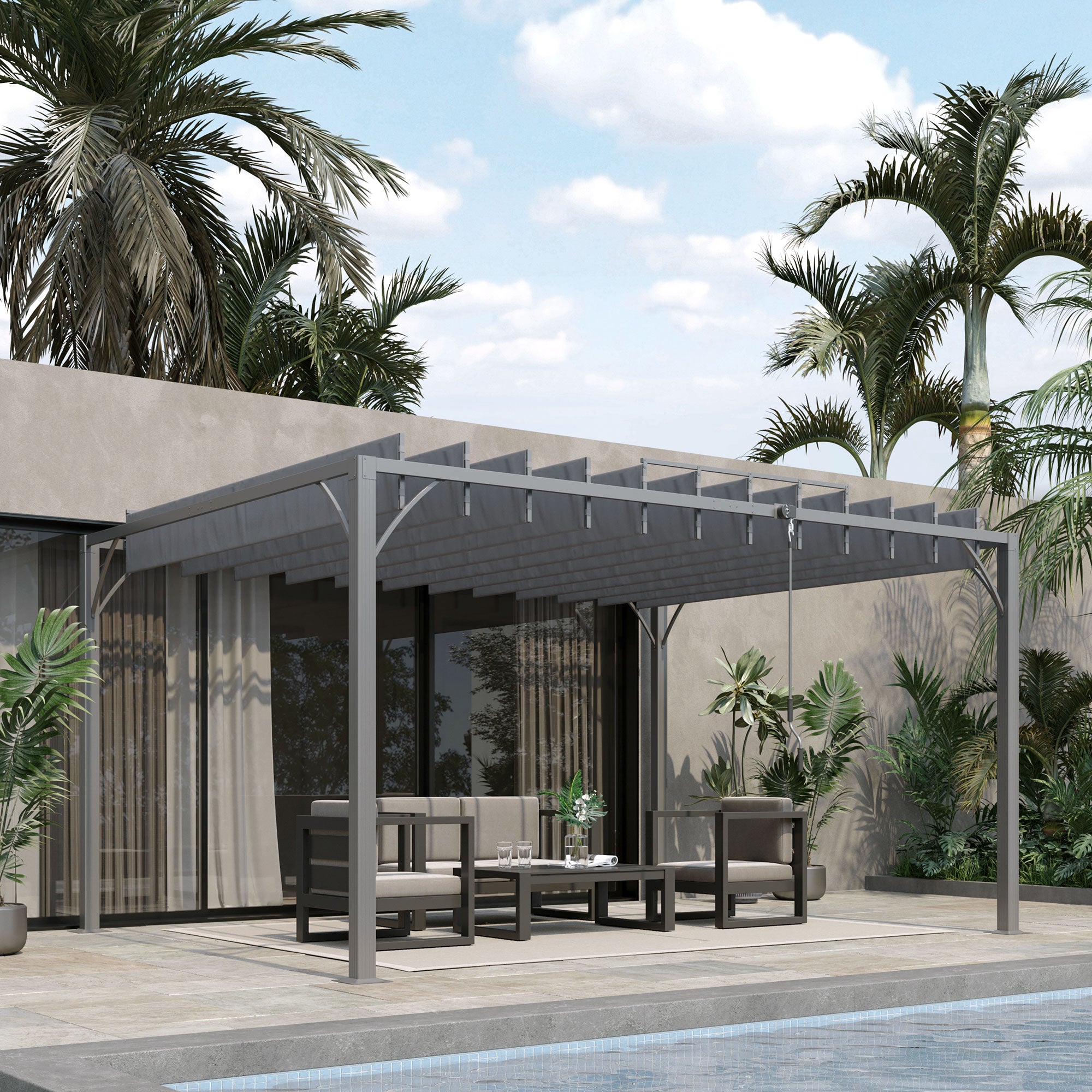 Outsunny 12.8' x 9.7' Outdoor Pergola with Retractable Roof, Aluminium Louvered Pergola Canopy Gazebo for Lawn Garden Patio, Grey