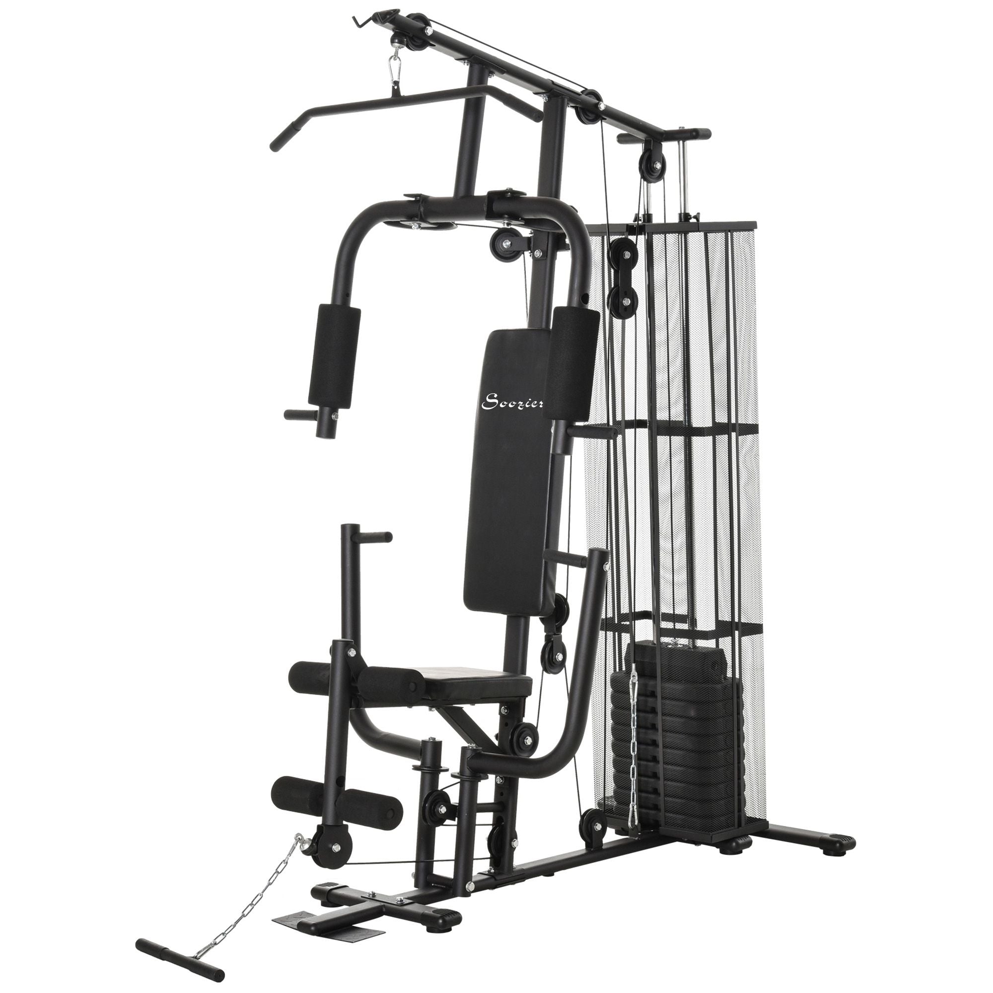 Soozier Home Gym, Multifunction Gym Equipment Workout Station with 100Lbs Weight Stack for Lat Pulldown, Leg Extensions, Preacher Bicep Curls, Triceps Pulldowns, Chest Press, Black