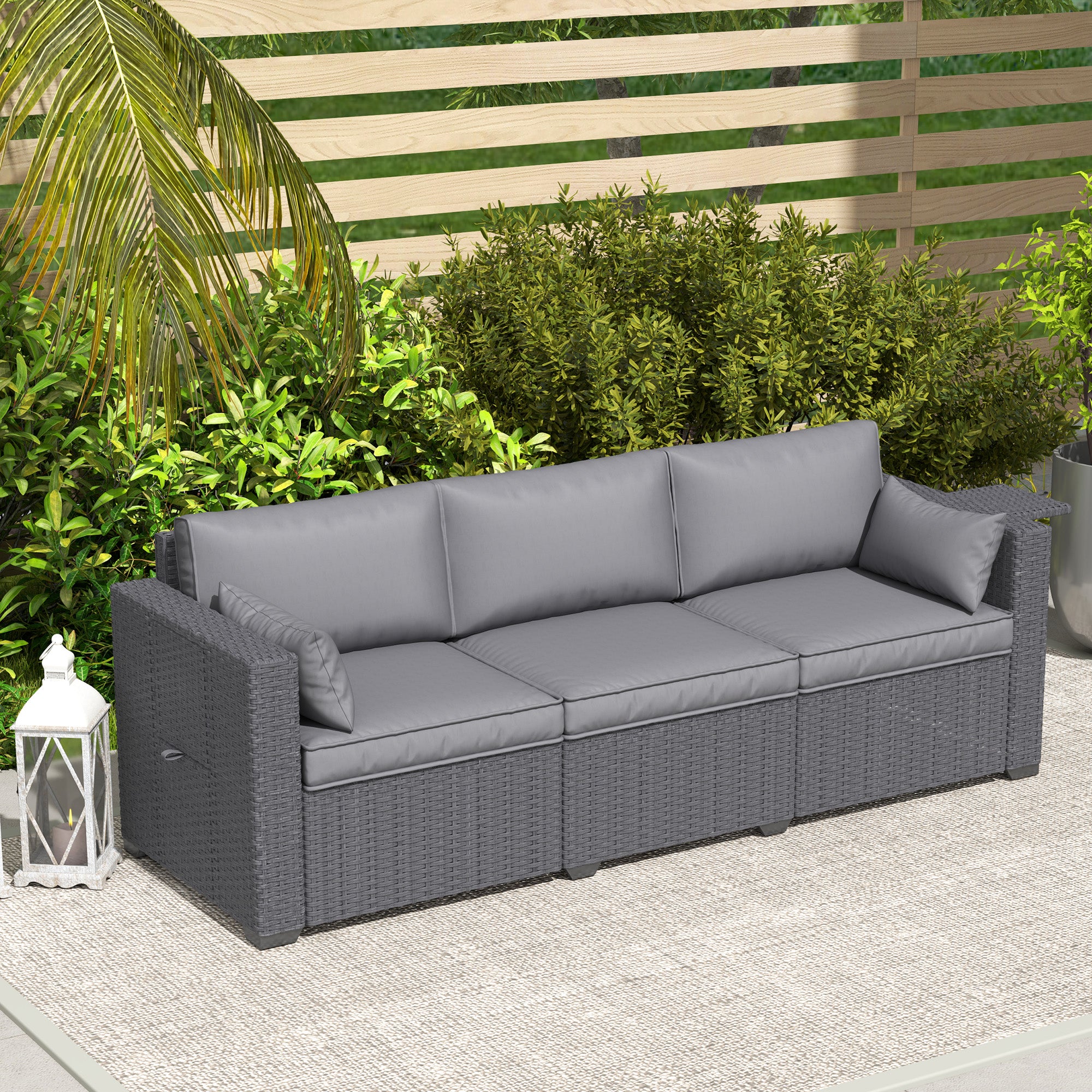Outsunny 3 Seater Wicker Patio Sofa with Side Trays, Outdoor Couch with 6" Thick Back Cushions, Deep Seating, Grey