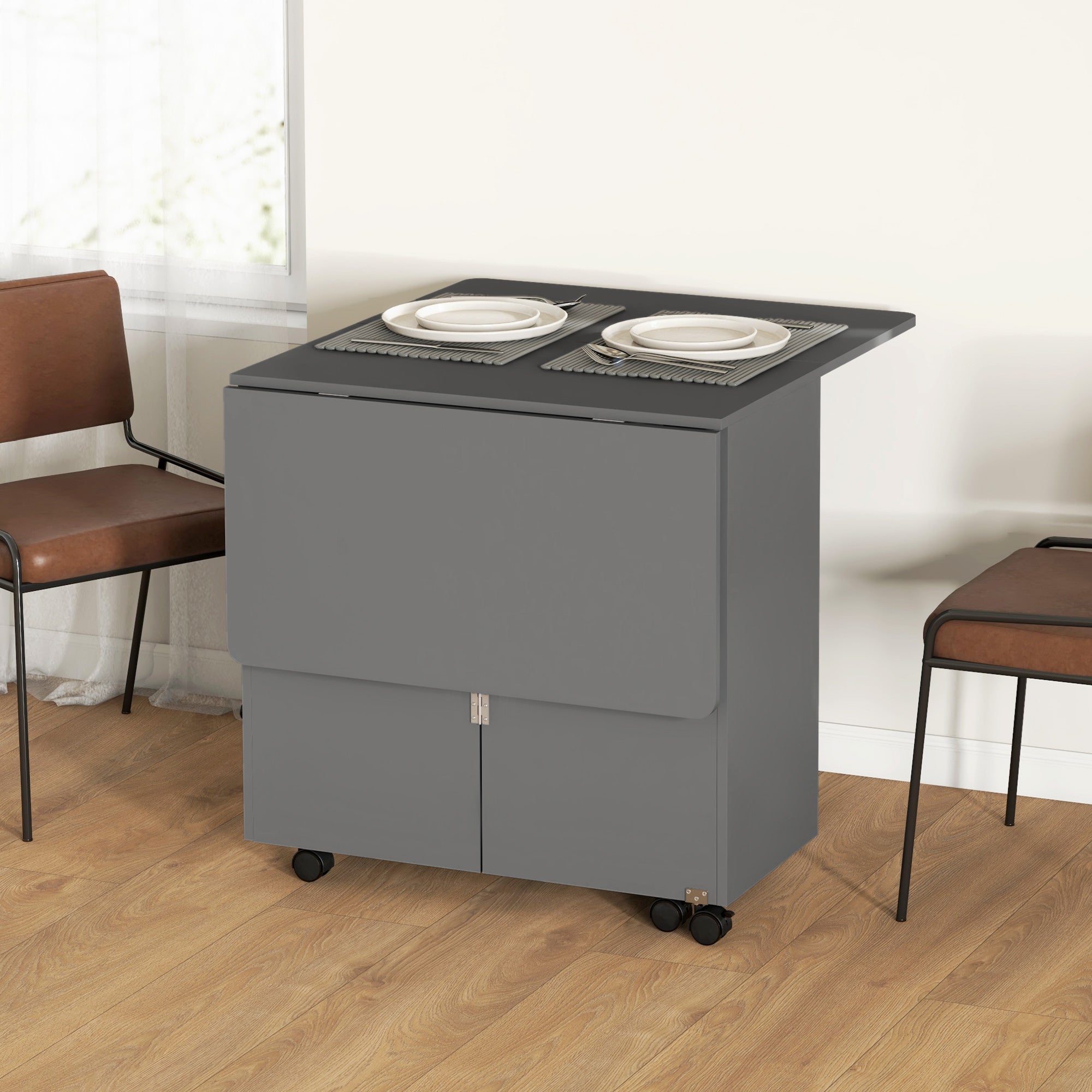 HOMCOM Extendable Dining Table, Drop Leaf Table with 2 Drawers, Cabinet and 6 Wheels for Small Spaces, Kitchen, Grey