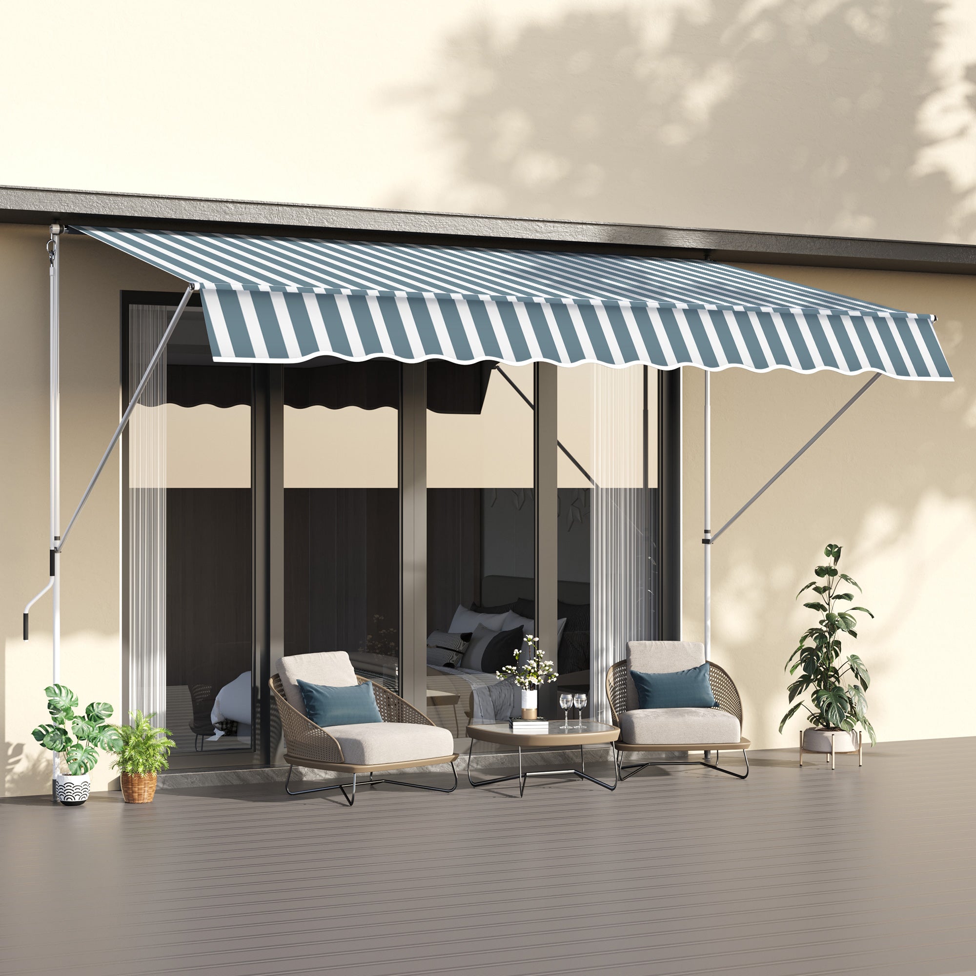 Outsunny 10x5ft Manual Retractable Awning, Patio Sun Shade Canopy Shelter with 5.6-9.2ft Support Pole, Water Resistant UV Protector, for Window, Door, Porch, Deck, Green