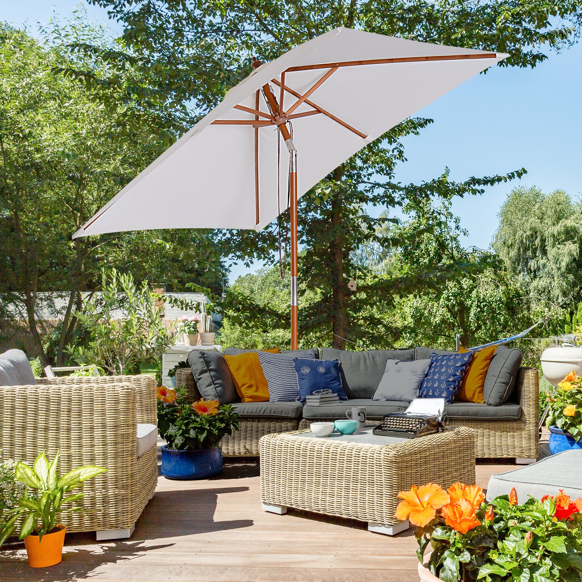 Outsunny 6.6x5ft Fir Wooden Patio Umbrella Square Market Parasol Tilt Mechanism 6 Ribs Garden Sunshade, Cream White