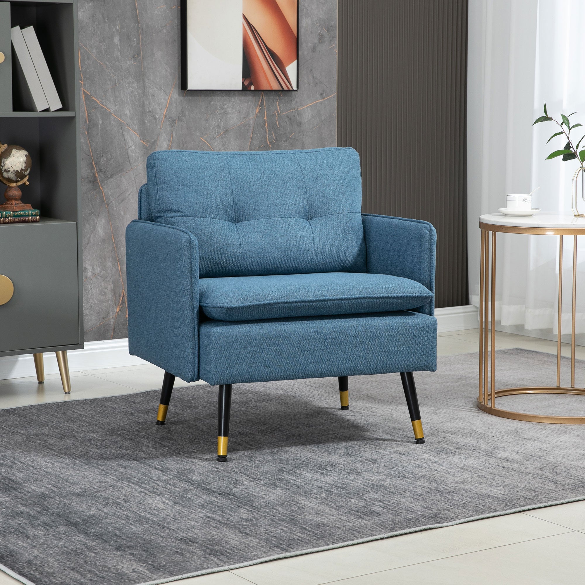 HOMCOM Modern Armchair, Upholstered Accent Chair with Tufted Back Cushion and Steel Legs for Living Room, Bedroom, Blue