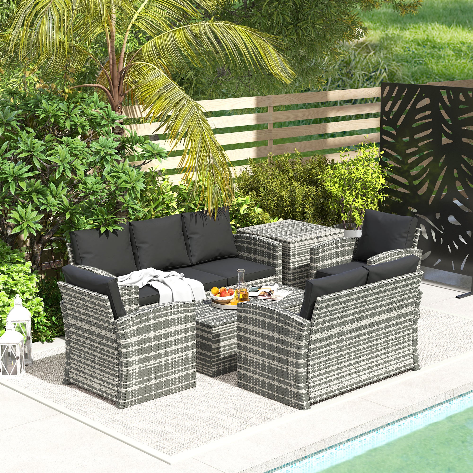 Outsunny 6 Pieces Wicker Patio Furniture Set with Cushions, 7-Seater Rattan Patio Sofa Set with Storage Coffee Table & Side Table, Sectional Outdoor Furniture Set, Black