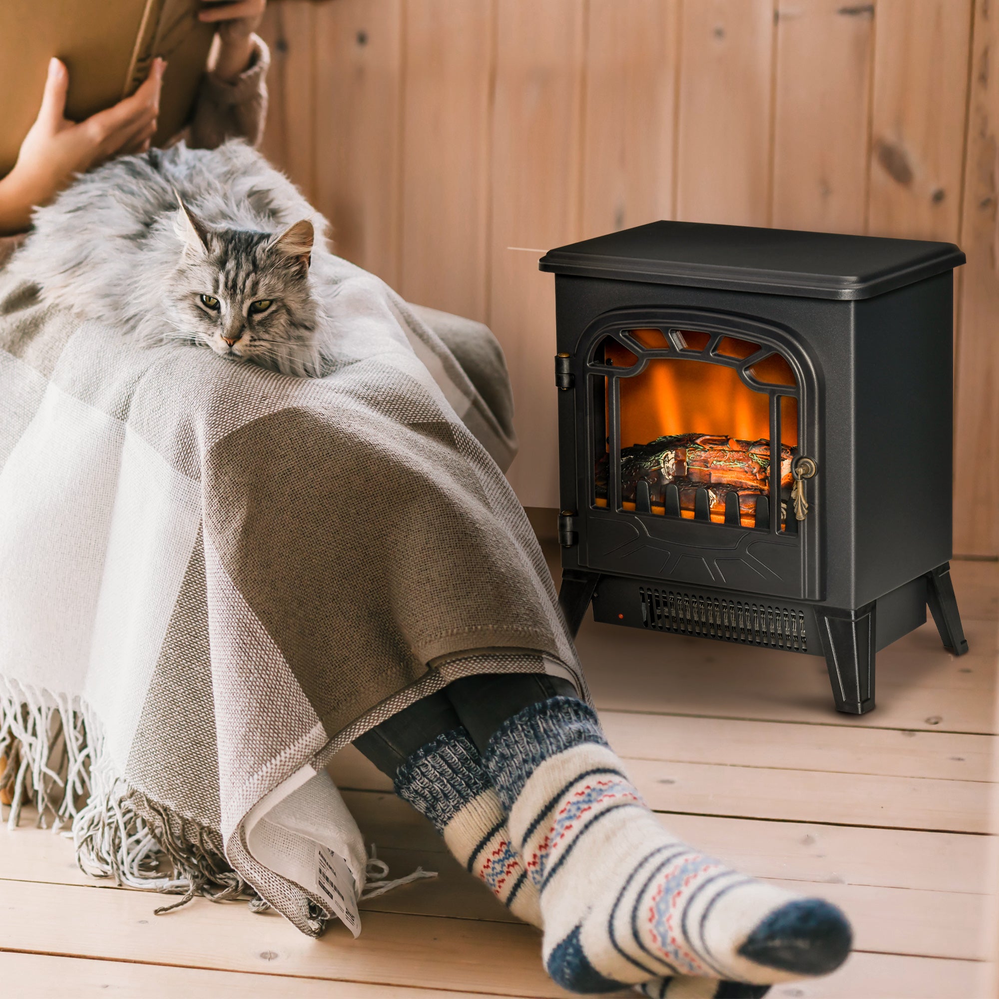 HOMCOM Freestanding Electric Fireplace Stove Heater with Realistic Flame Effect, Overheat Protection, 750W/1500W, Black