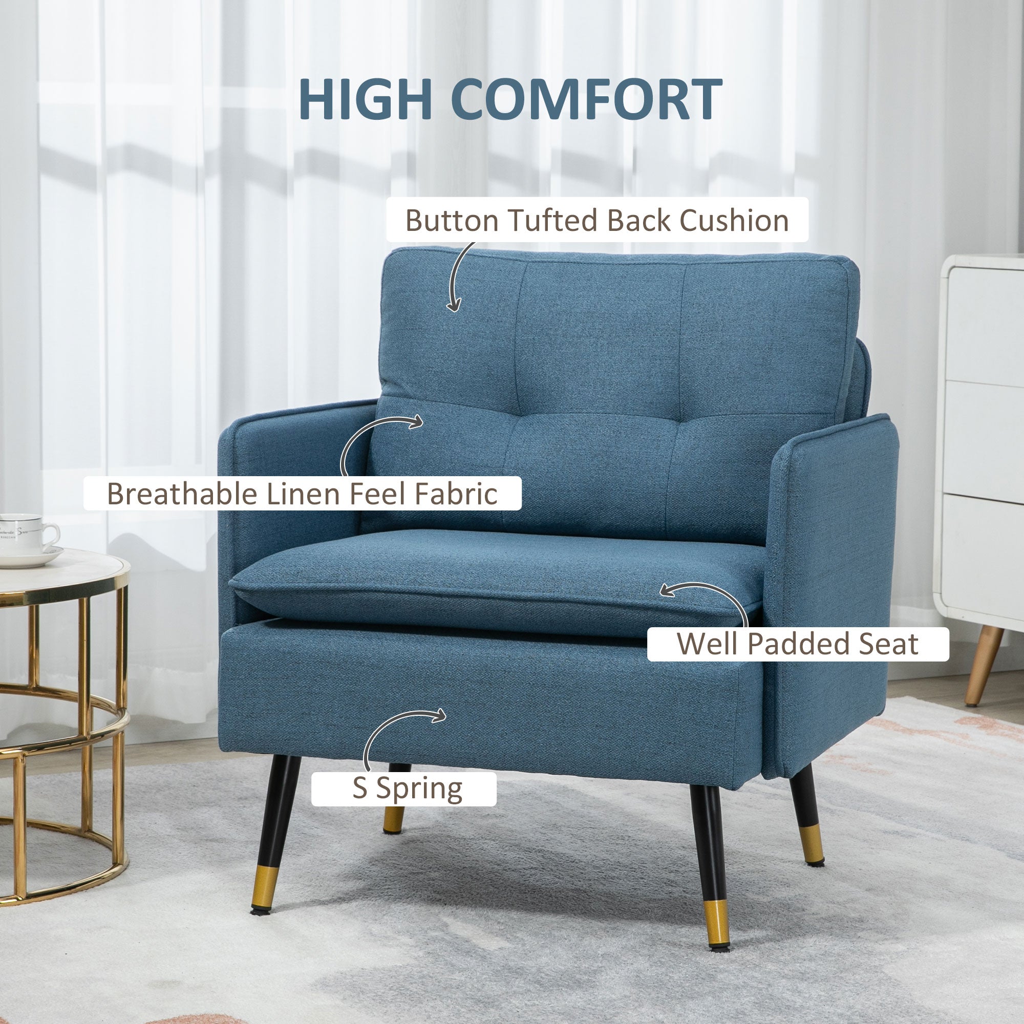 HOMCOM Modern Armchair, Upholstered Accent Chair with Tufted Back Cushion and Steel Legs for Living Room, Bedroom, Blue