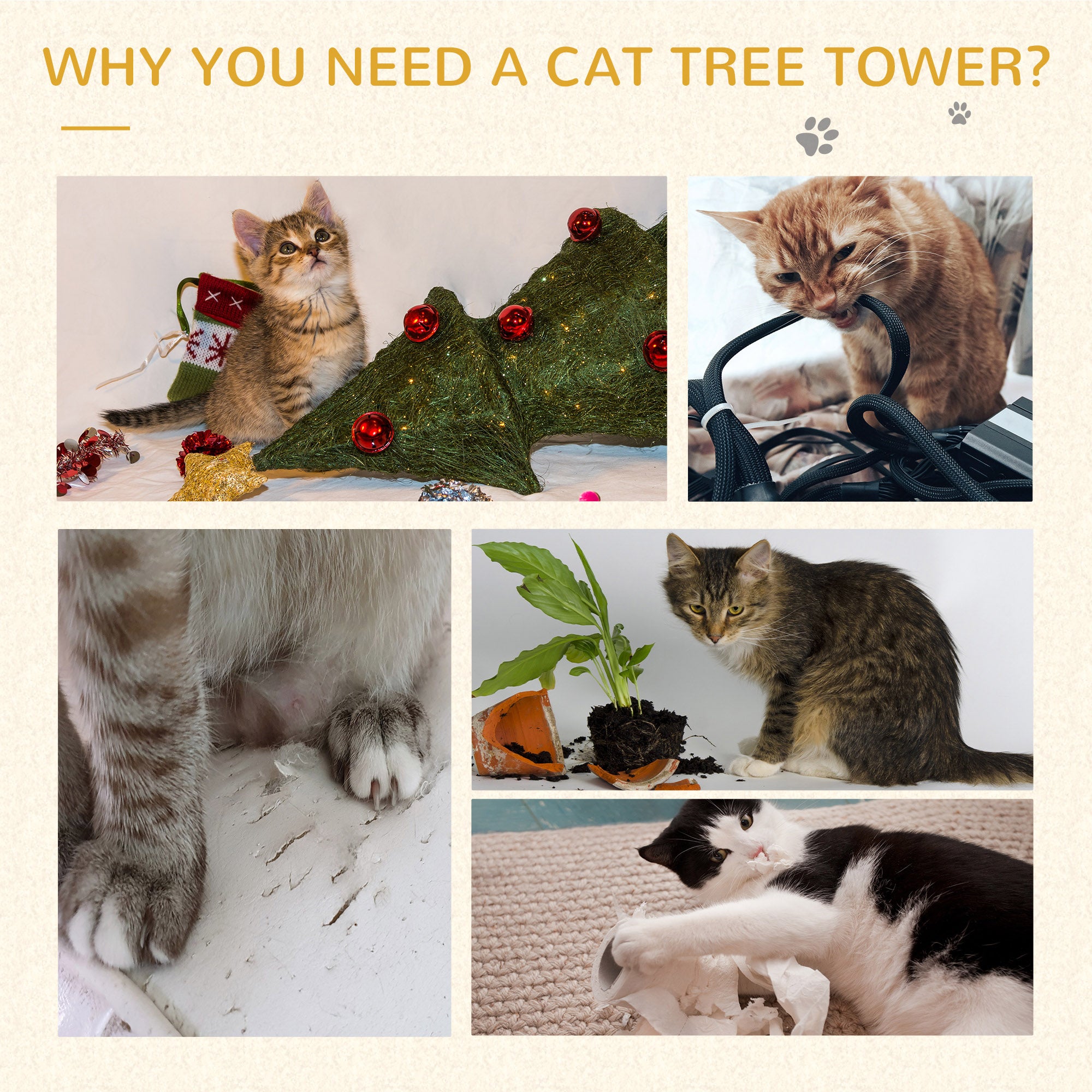 PawHut 60" Cat Scratching Tree, Cat Bed Condo Post House Pet Furniture Toys-Brown & Tan