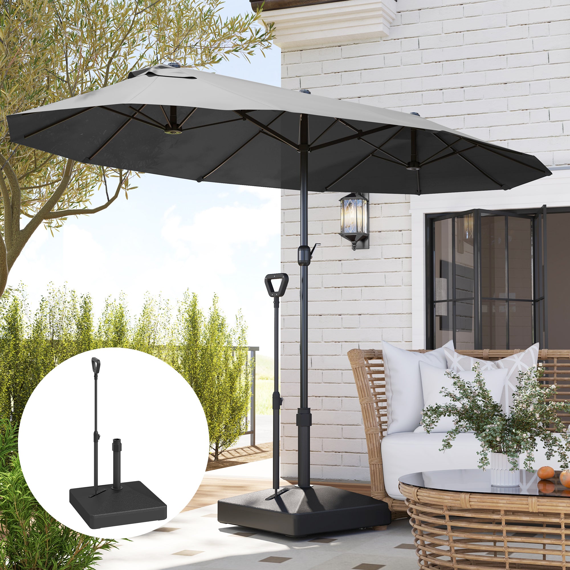 Outsunny Patio Umbrella Base with Adjustable Wheels and Handle, Outdoor Patio Umbrella Stand, Filled Up to 121lbs with Stand, 99lbs with Water for Garden Poolside, Black