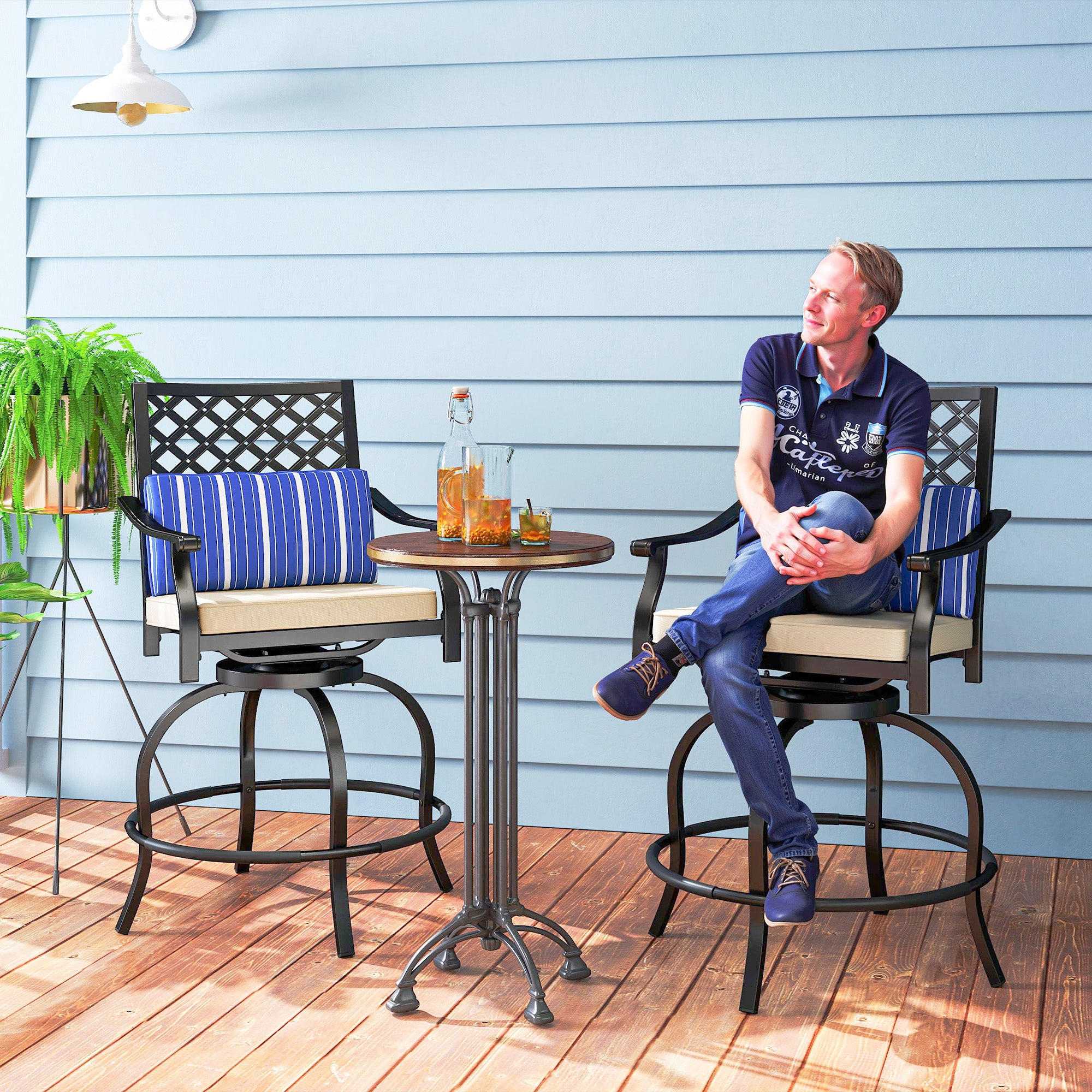 Outsunny Outdoor Bar Stools Set of 2, Bar Height Swivel Patio Chairs with Cushion, Pillow Footrest for Poolside, Backyard
