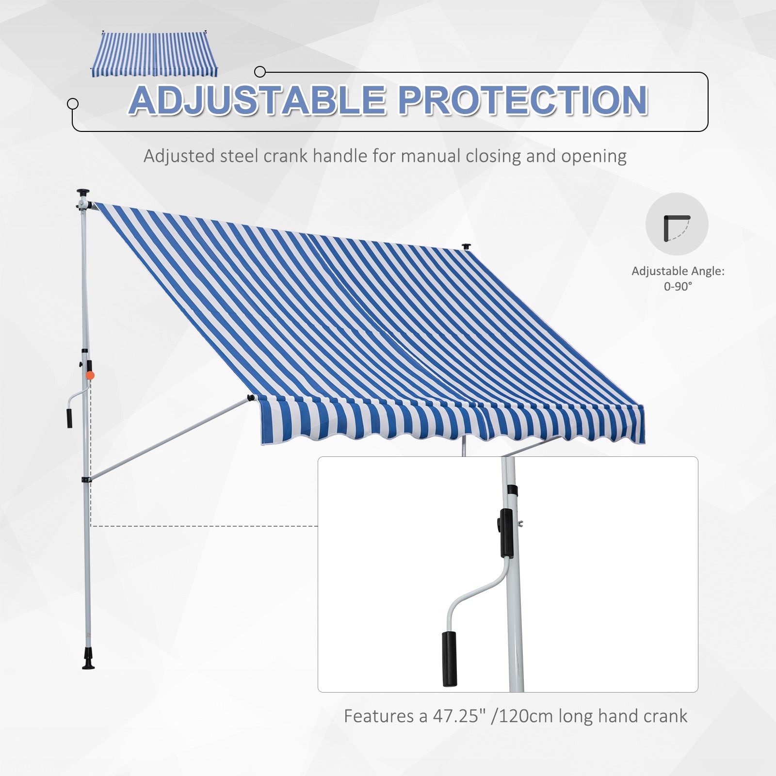 Outsunny 10x5ft Manual Retractable Awning, Patio Sun Shade Canopy Shelter with 5.6-9.2ft Support Pole, Water Resistant UV Protector, for Window, Door, Porch, Deck, Blue