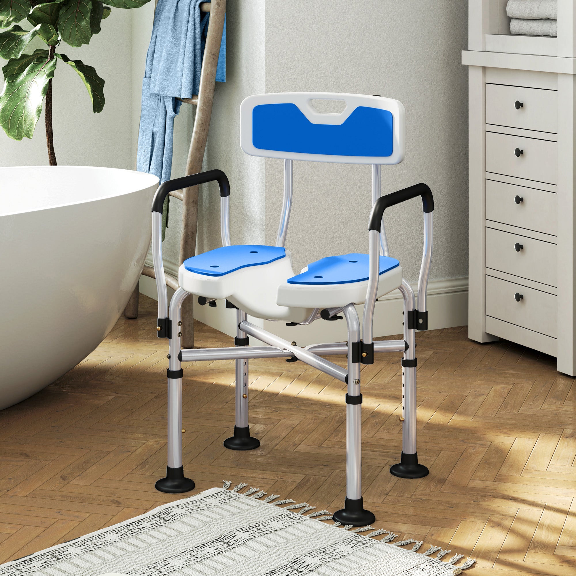 HOMCOM Upgraded Shower Chair Non-slip Bath Chair with U-shaped Shower Seat and Crossing Bars, Dark Blue