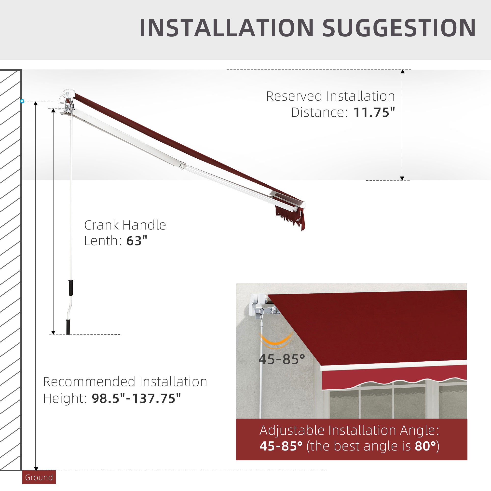 Outsunny 8'x7' Patio Awning Manual Retractable Sun Shade Outdoor Deck Canopy Shelter, Wine Red