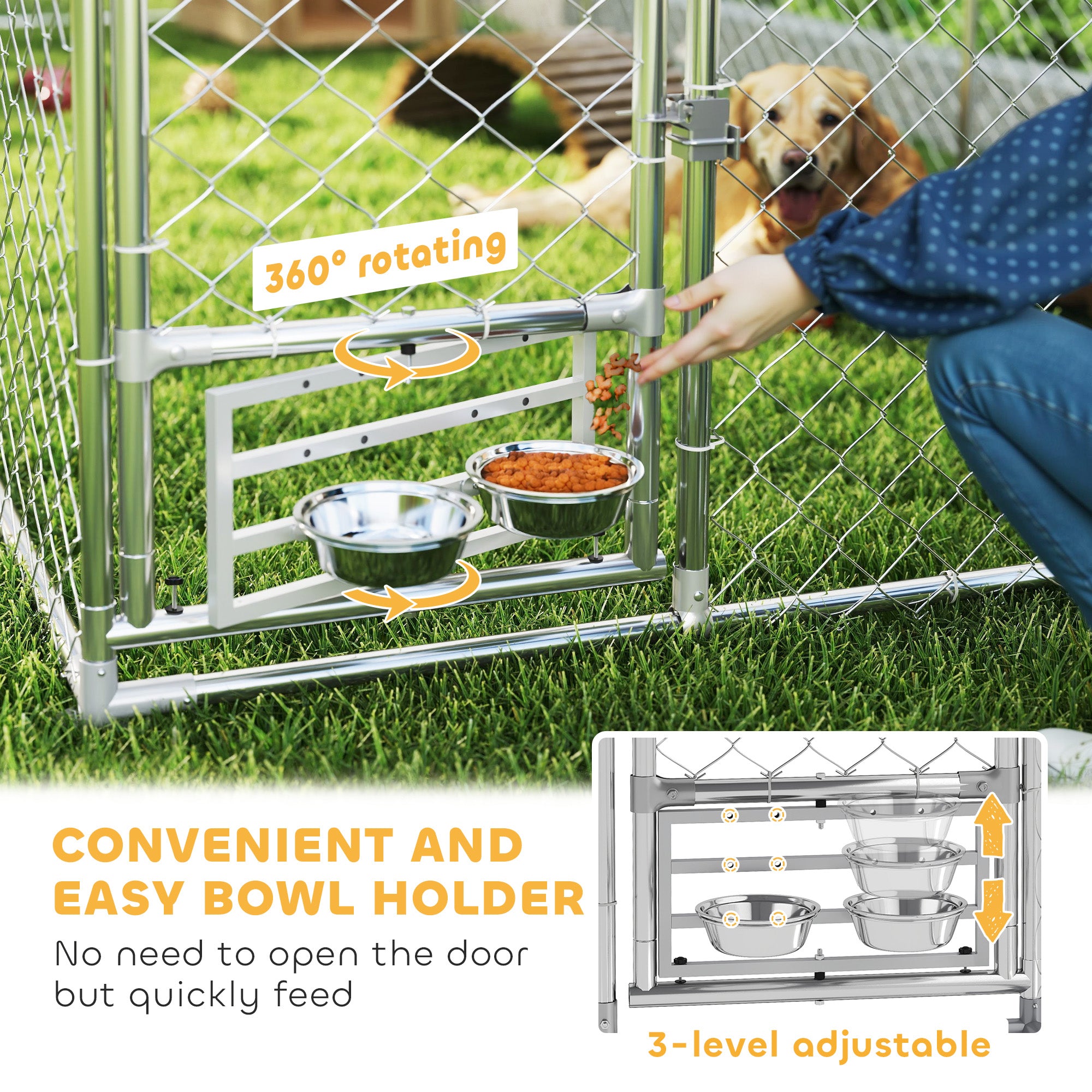 PawHut Outdoor Dog Run with Adjustable & Rotatable Bowls, Waterproof UV-Resistant Cover, Escape-Proof Lock, 19.7' x 7.5' x 7.5'