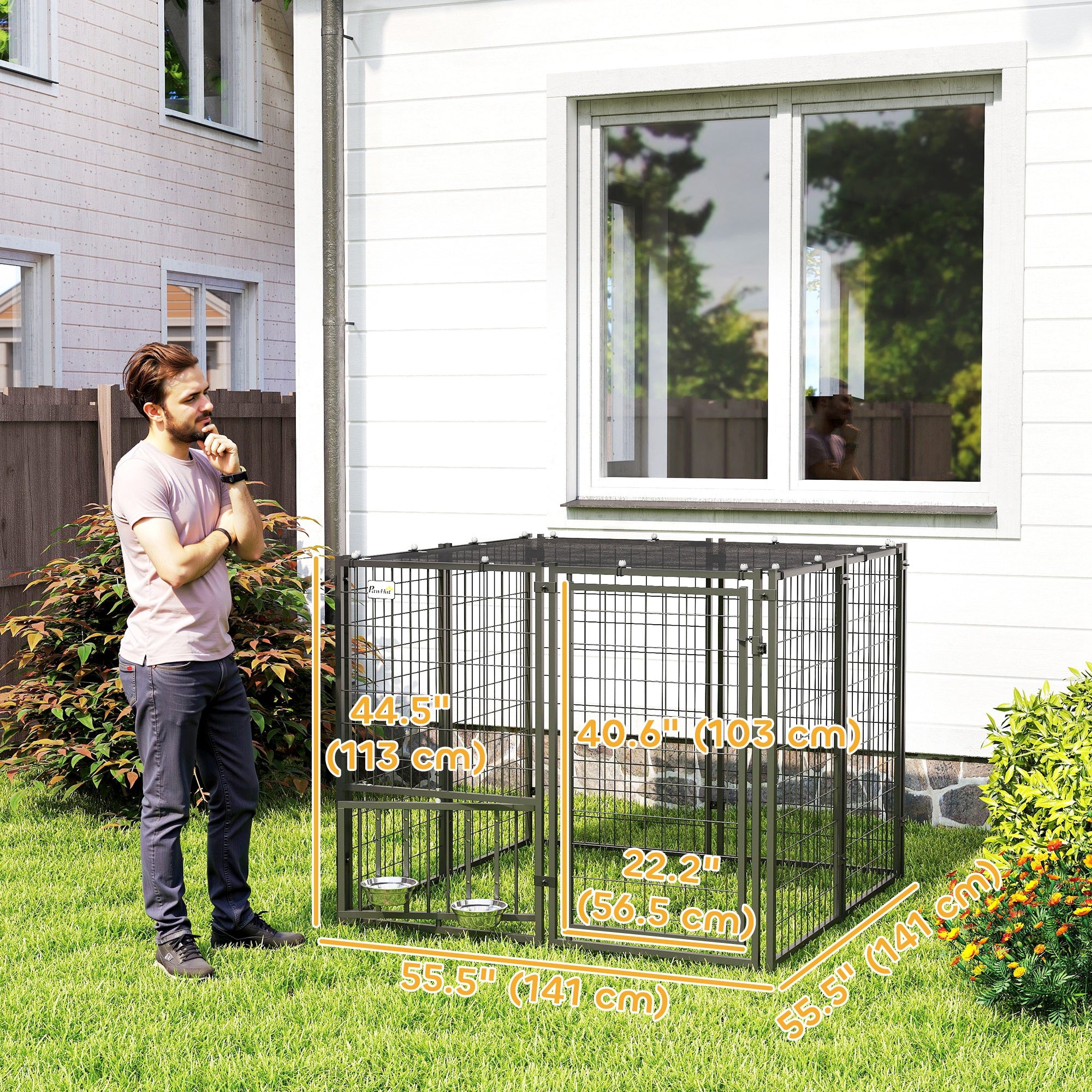 PawHut Outdoor Dog Run with Adjustable & Rotatable Dog Bowls, Sun-Shade Cover, for Small and Medium Dogs, 4.6' x 4.6' x 3.7'