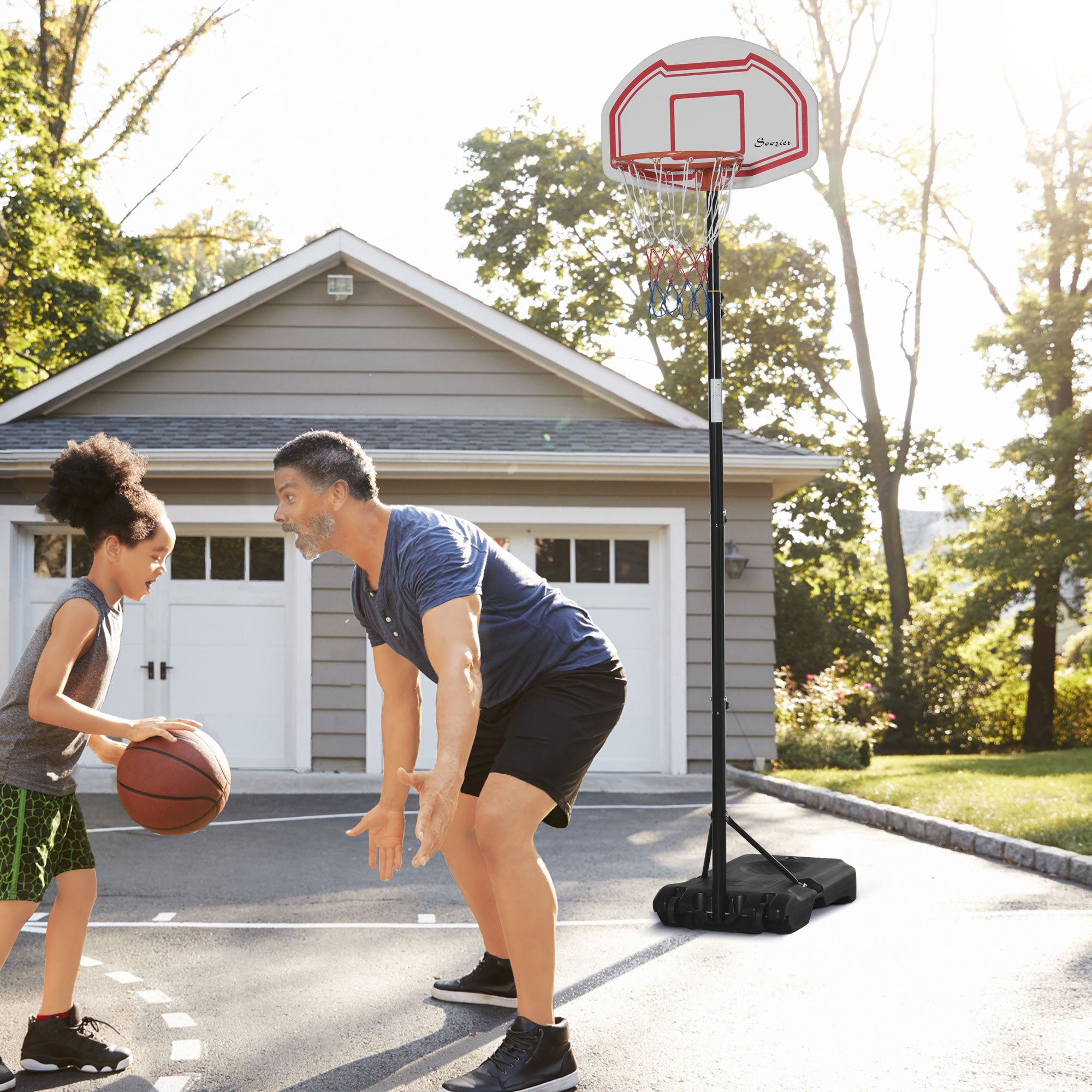 HOMCOM 7-8.5ft Basketball Hoop, Freestanding Basketball System with 27.5" Shatterproof Backboard and Wheels, White