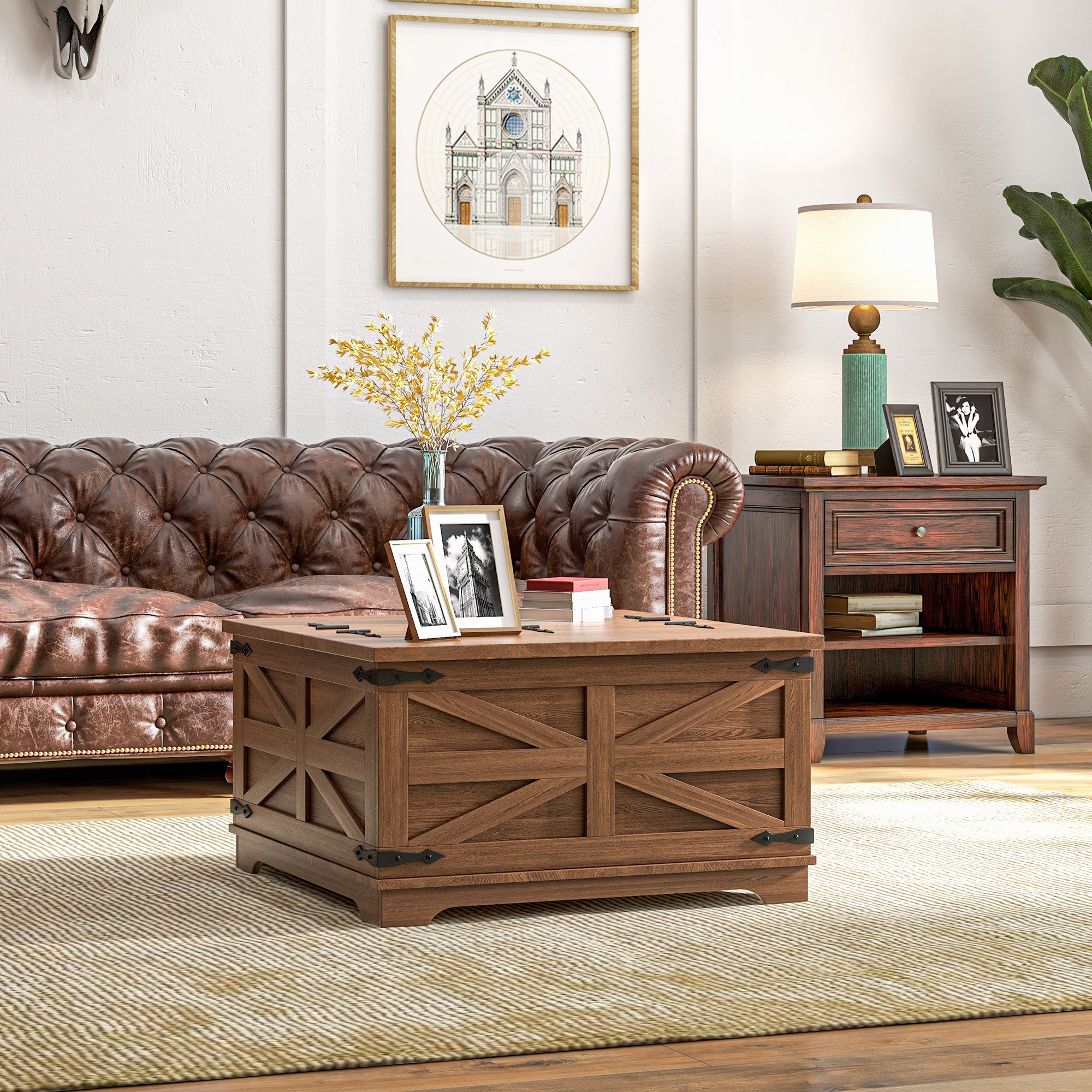 HOMCOM Farmhouse Coffee Table, Square Center Table with Flip-top Lids, Hidden Storage Compartment, Brown
