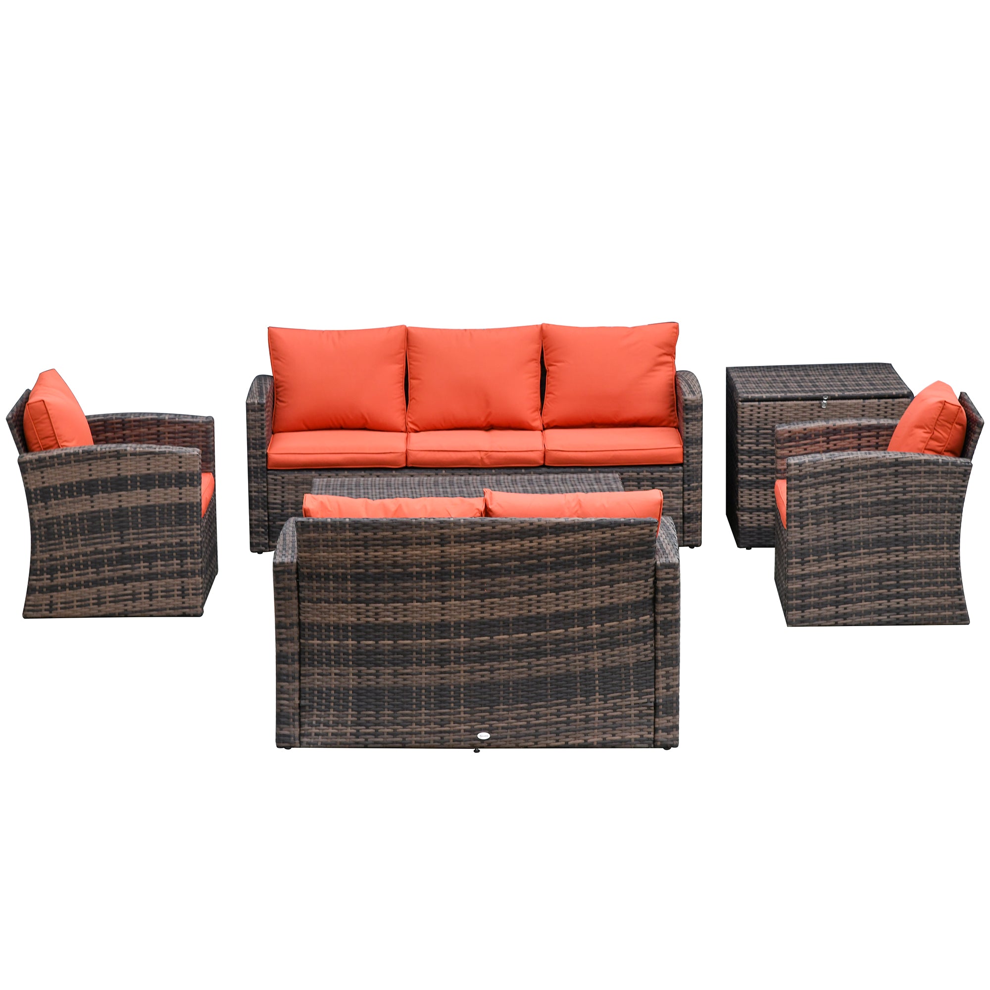 Outsunny 6 Pieces Wicker Patio Furniture Set with Cushions, 7-Seater Rattan Patio Sofa Set with Storage Table, Orange