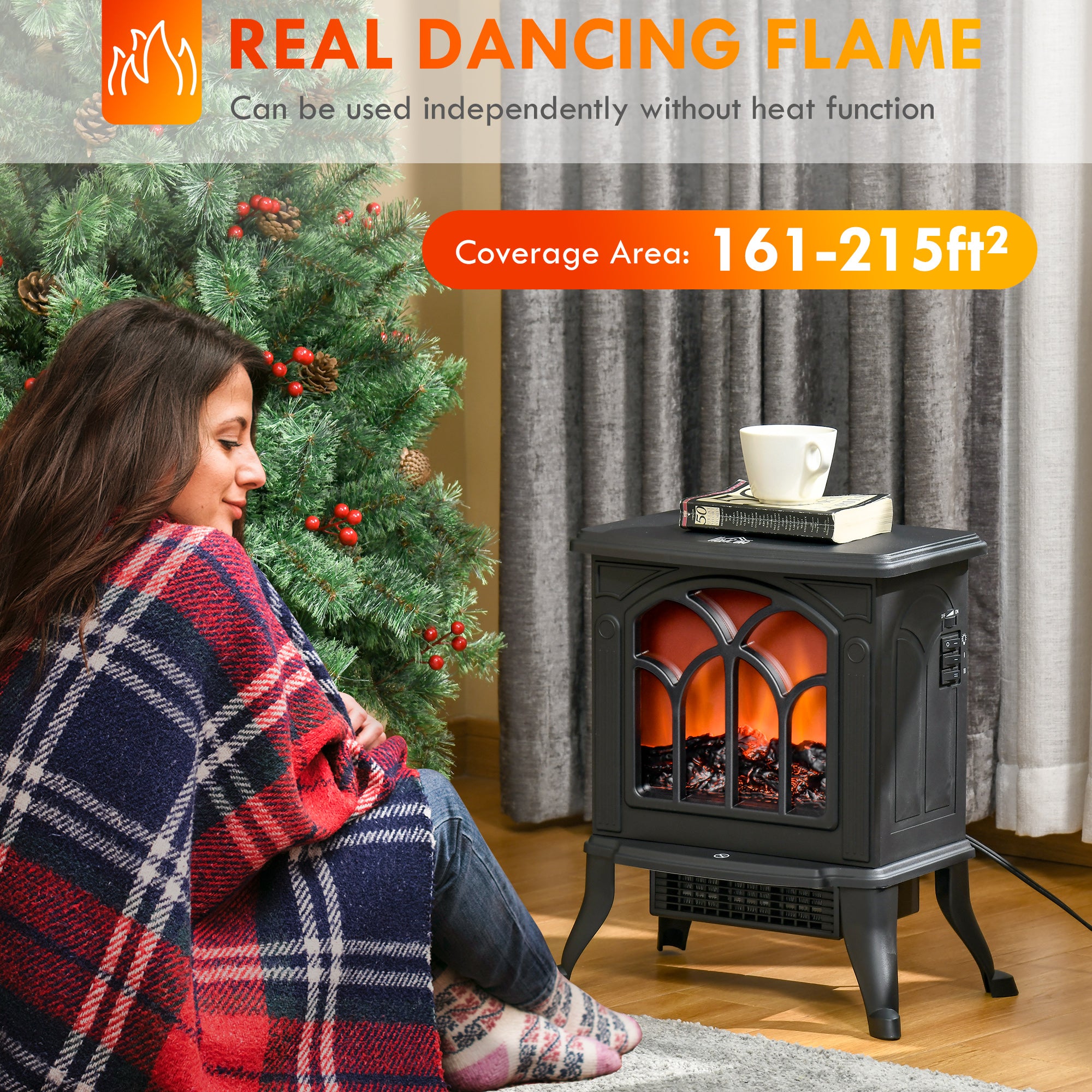 HOMCOM Electric Fireplace Heater, Freestanding Fireplace Stove with Realistic Flame, Overheat Protection, 750W/1500W, Black