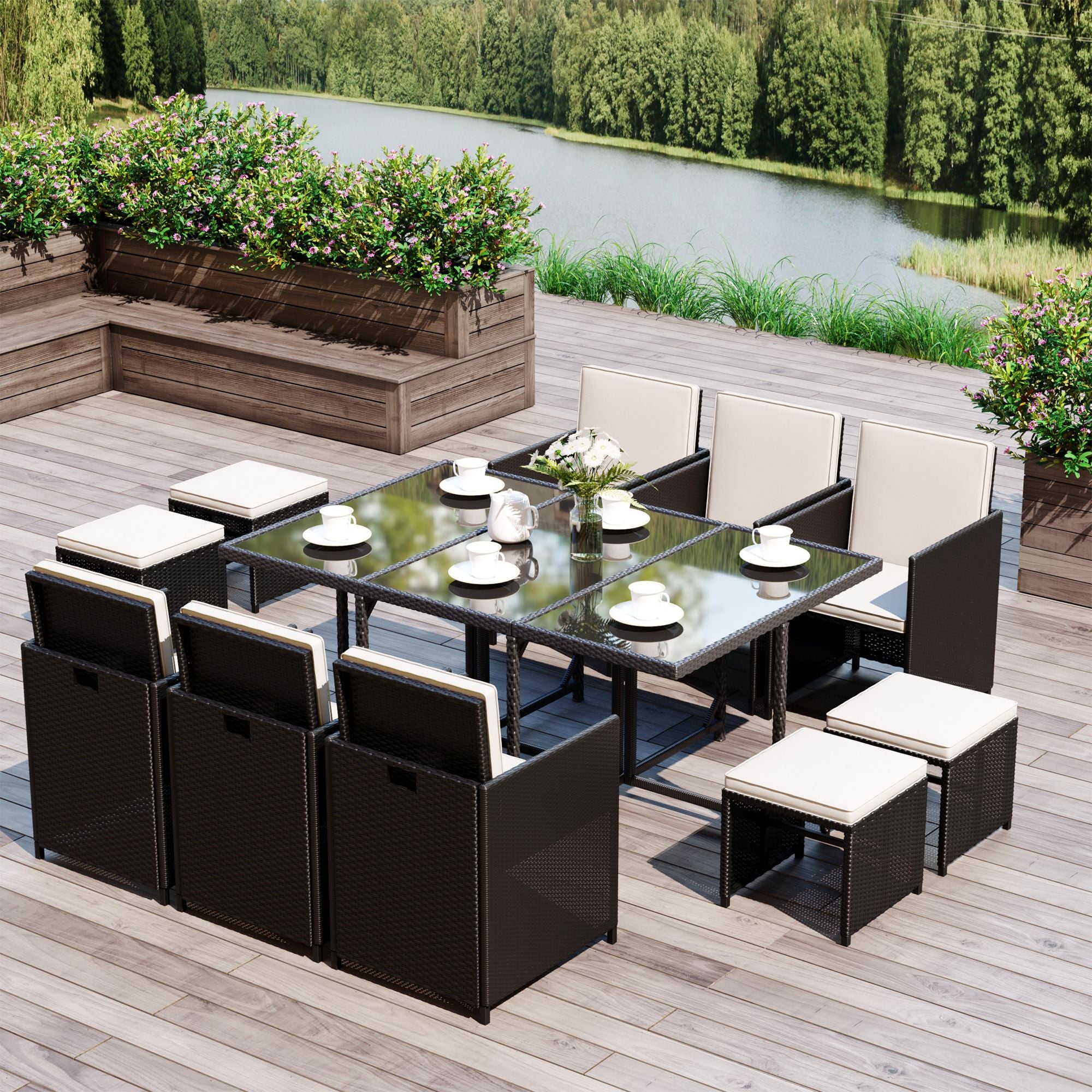 Outsunny 11 Pieces Wicker Patio Dining Set, Space-saving Outdoor Furniture Set with Removable Cushions, Glass Top Dining Table, 6 Armchairs, 4 Ottomans, PE Rattan Conversation Set