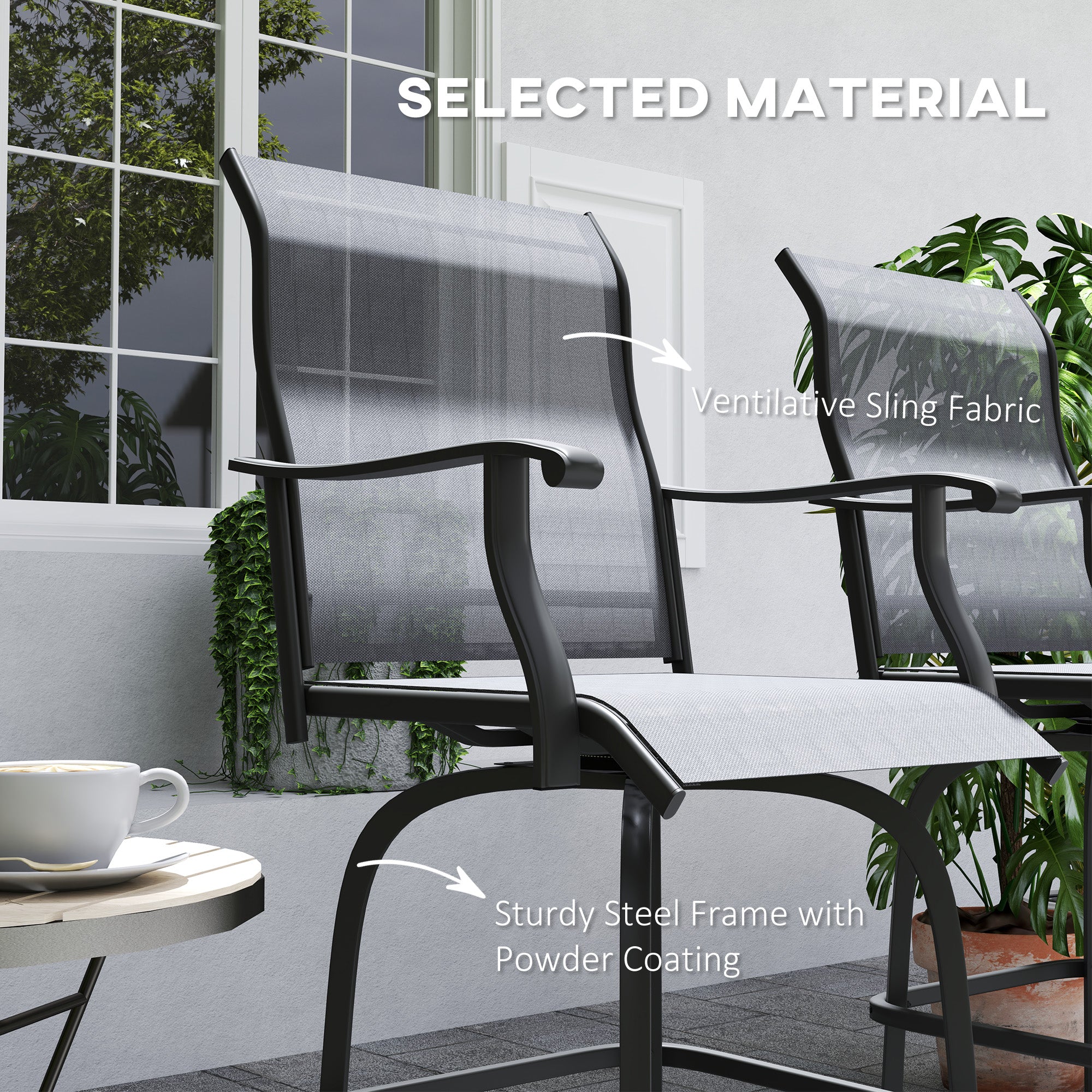 Outsunny Outdoor Bar Stools Set of 2, Swivel Bar Height Chairs with High Back, Curved Armrests and Steel Frame, Light Grey