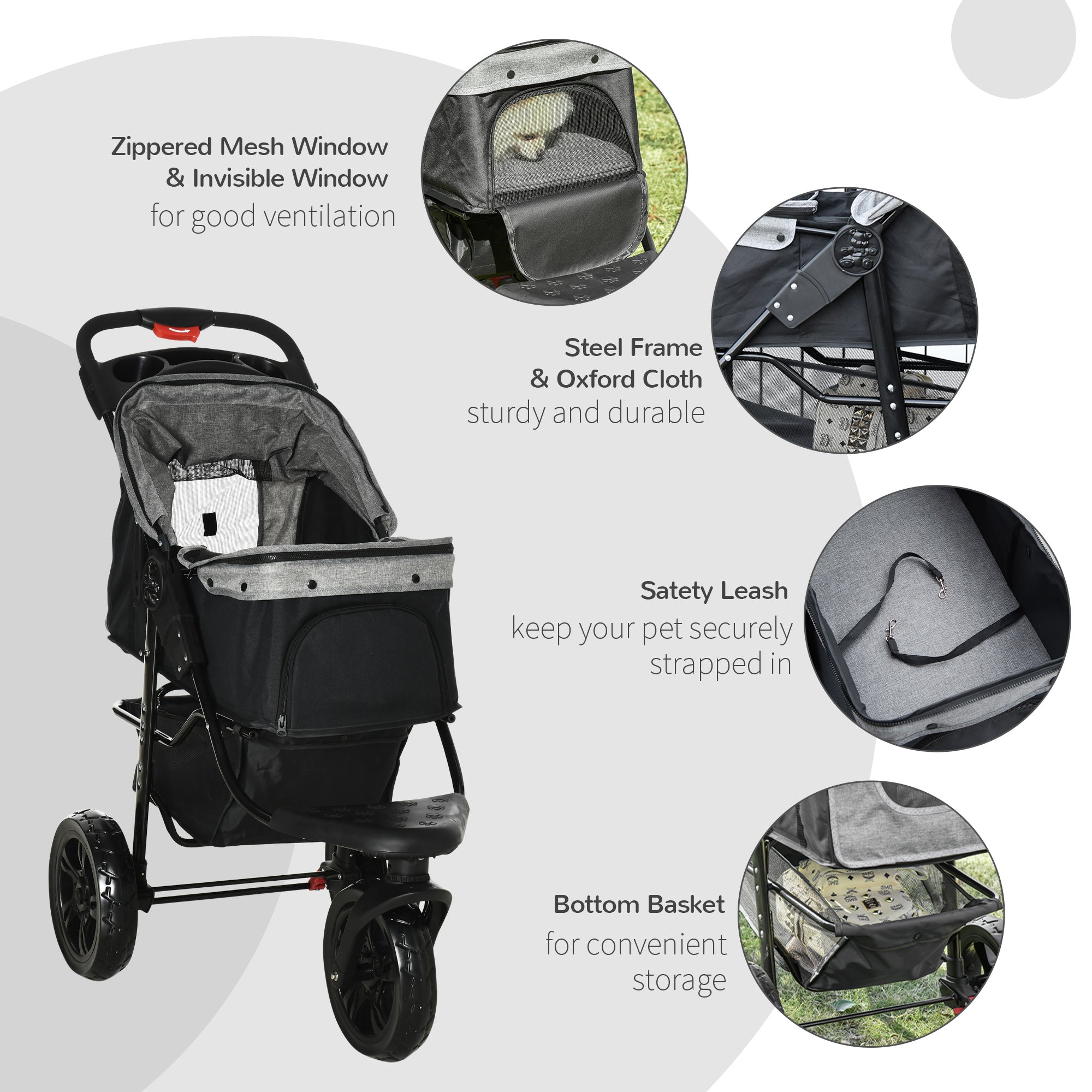 PawHut 3 Wheel Folding Dog Stroller, Jogger Travel Carrier with Adjustable Canopy, Storage Brake, Mesh Window for S&M Dogs Grey