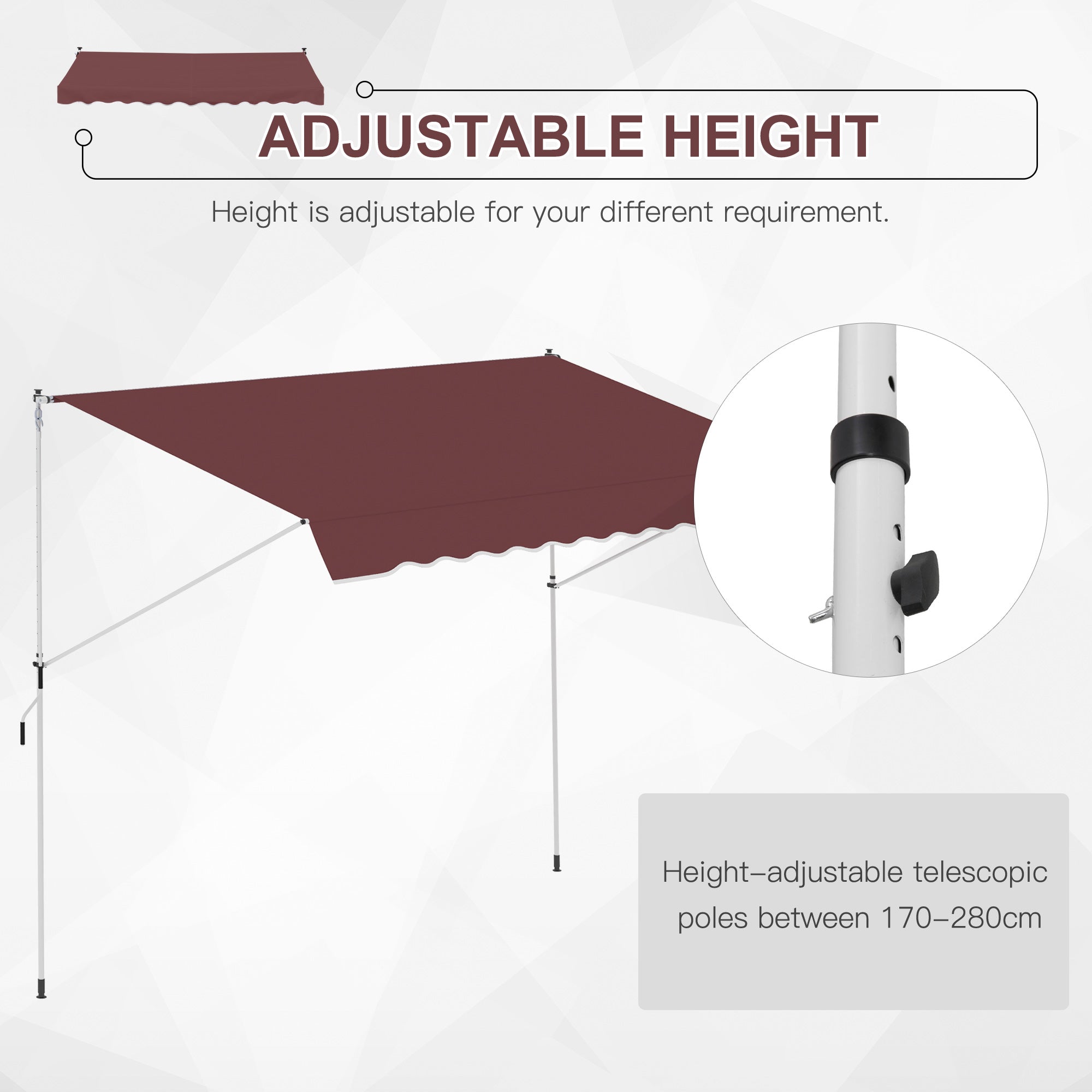 Outsunny 10x5ft Patio Sun Shade Canopy Manual Retractable Awning with 5.6-9.2ft Support Pole for Window, Door, Porch, Wine Red