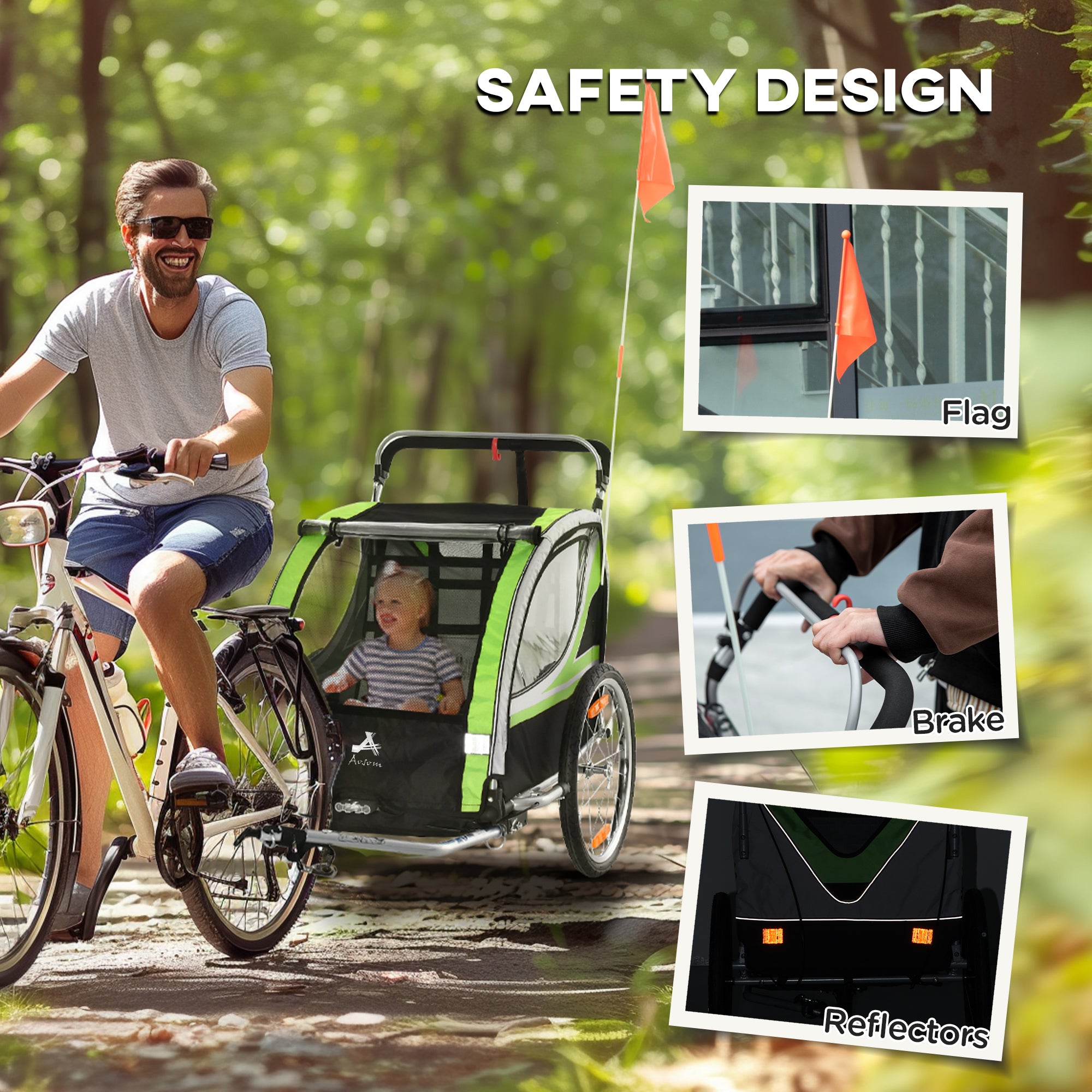 Aosom 2-in-1 Double Baby Jogging Stroller, Bike Trailer for Kids & Toddlers with Handbrake, 5 Point Harness, Waterproof Cover, Storage Bag, Safety Flag, Reflectors, Green
