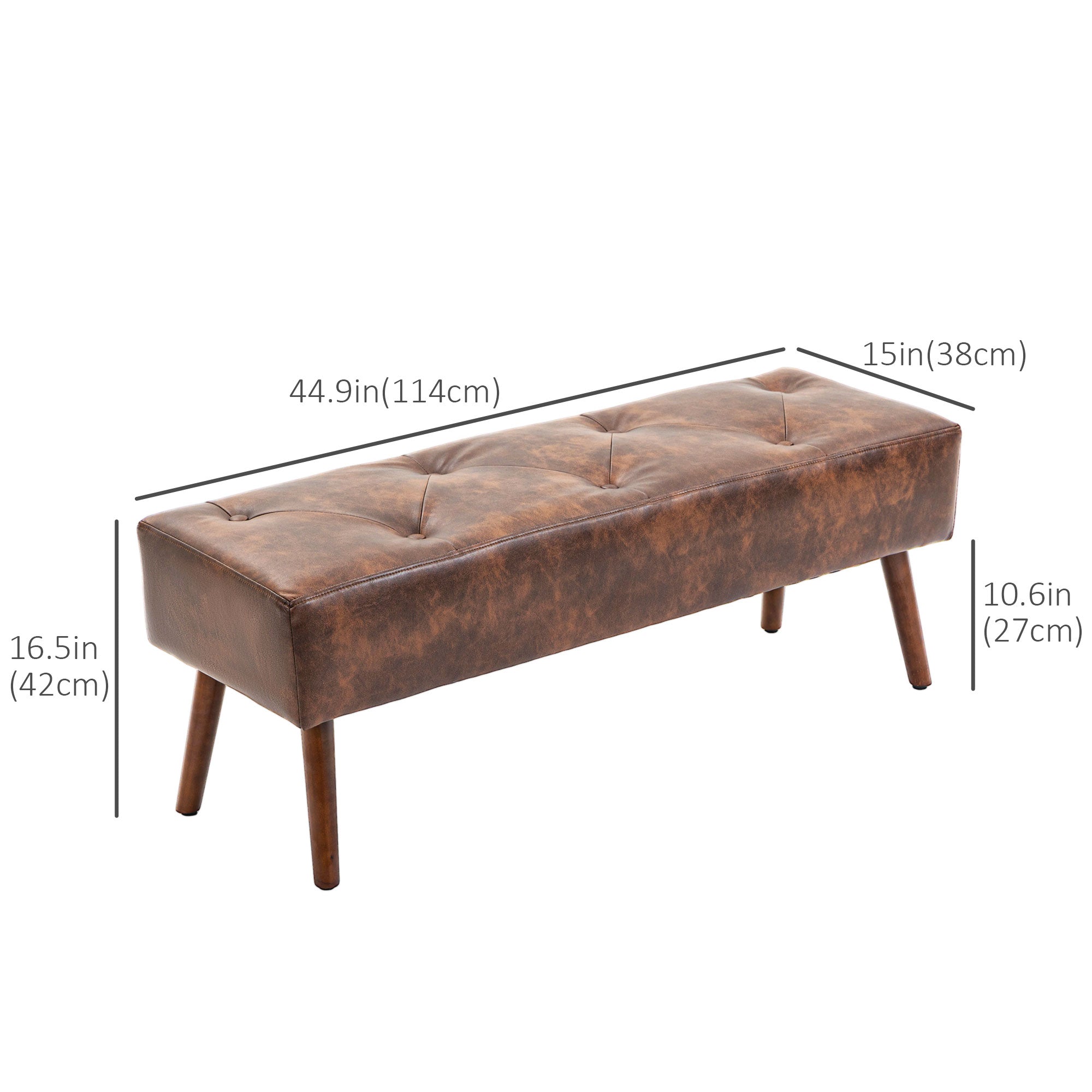 HOMCOM Bedroom Bench, End of Bed Bench with Button Tufted, PU Leather Upholstered Entryway Bench with Wood Legs, Brown
