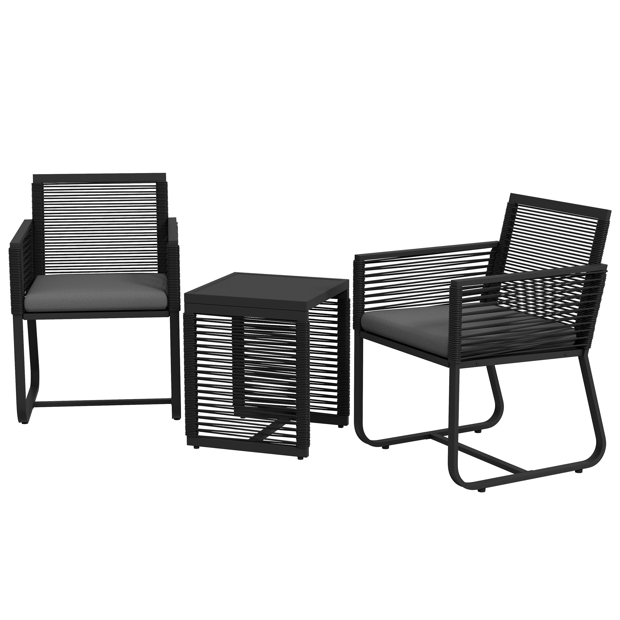 Outsunny 3 Pieces Patio Furniture Outdoor PE Rattan Bistro Set w/ Seat Cushions Tempered Glass Table for Garden Backyard, Black
