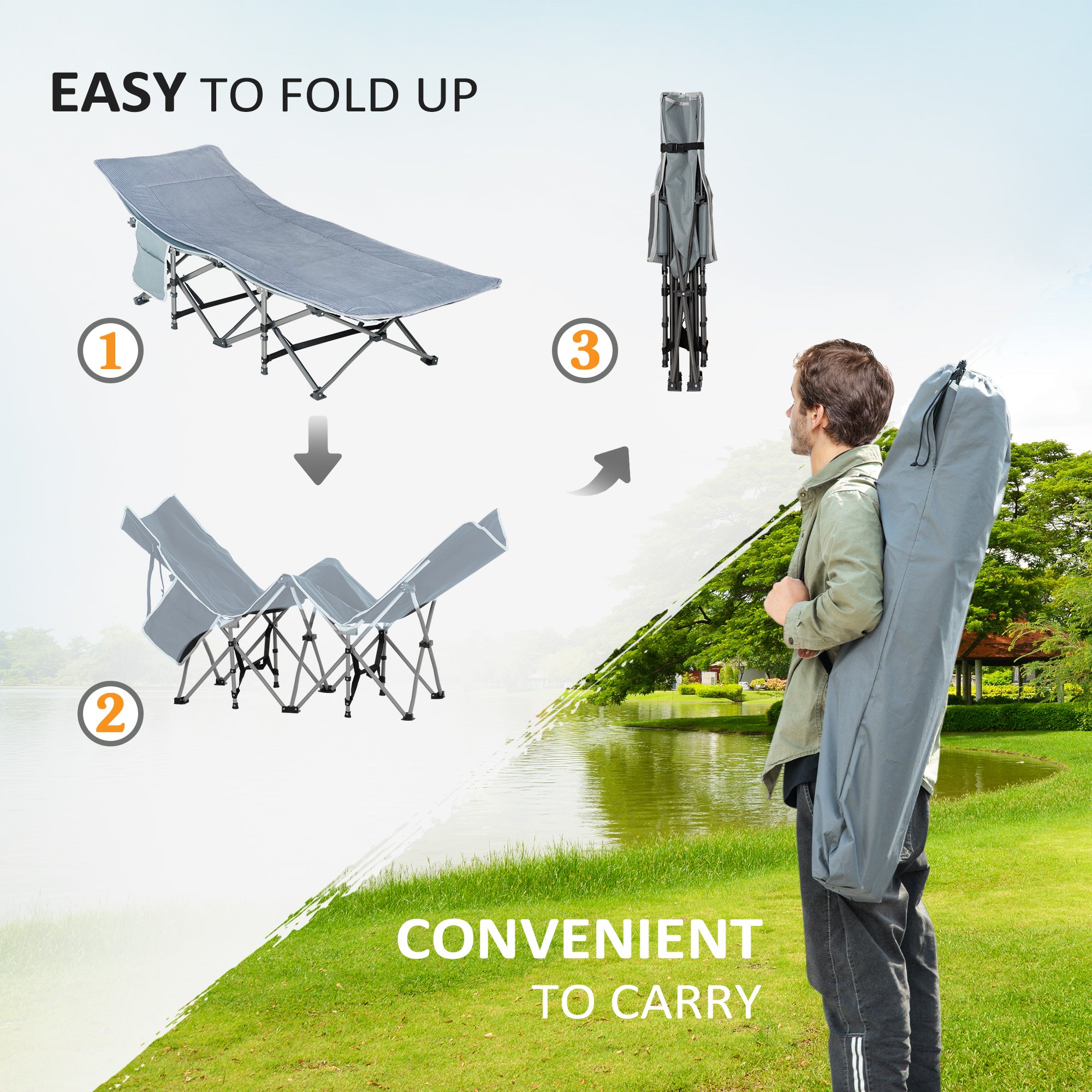 Outsunny Folding Camping Cot with Mattress & Pillow, Double Layer Oxford Heavy Duty Sleeping Cot with Carry Bag Dark Grey