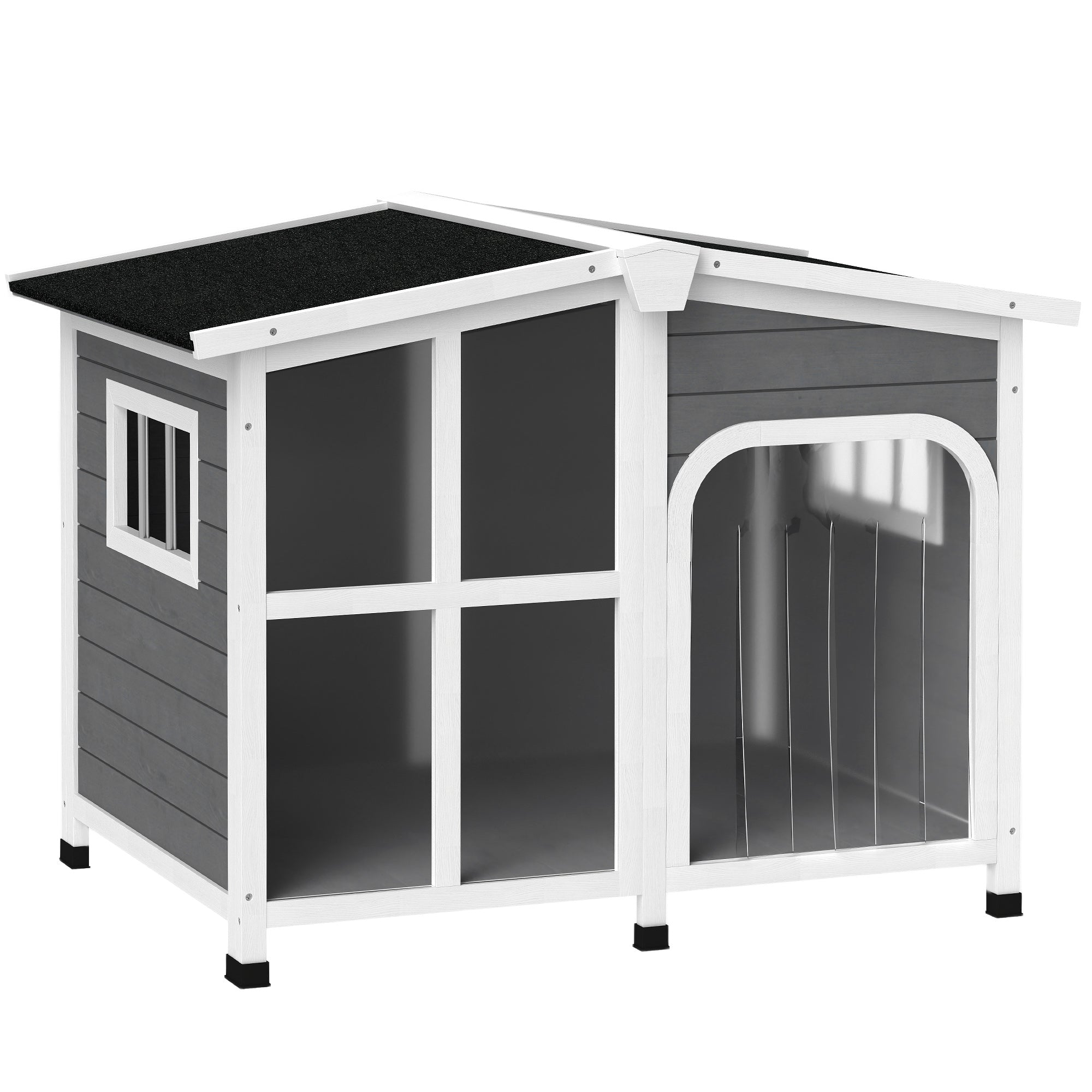 PawHut Wooden Dog House, Raised Pet Kennel with Removable Bottom, Openable Asphalt Roof, Door Curtain, Side Windows, Dark Grey