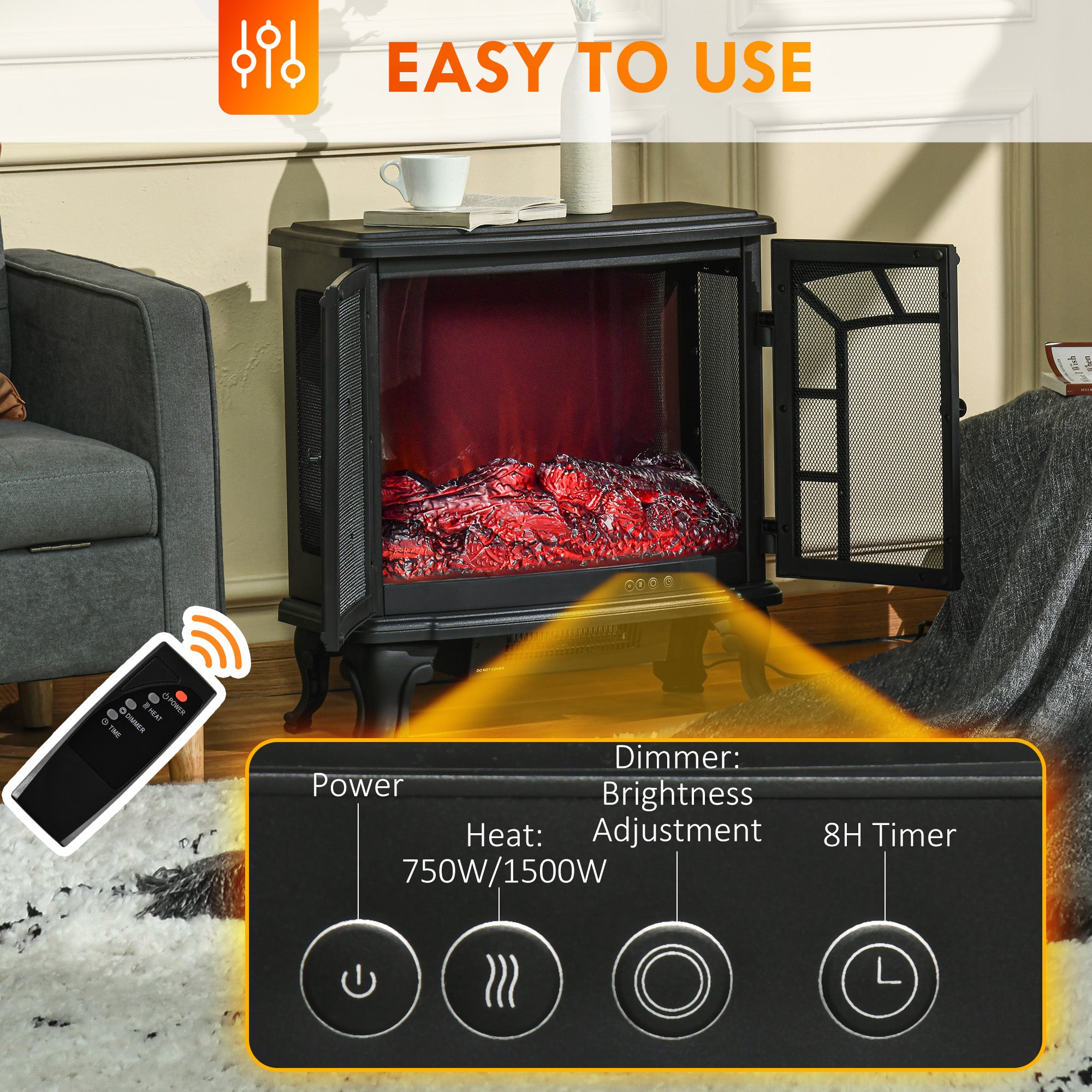 HOMCOM Electric Fireplace Heater, Freestanding Fireplace Stove with Realistic Flame Effect, Timer, Overheating Protection, 750W/1500W, Black