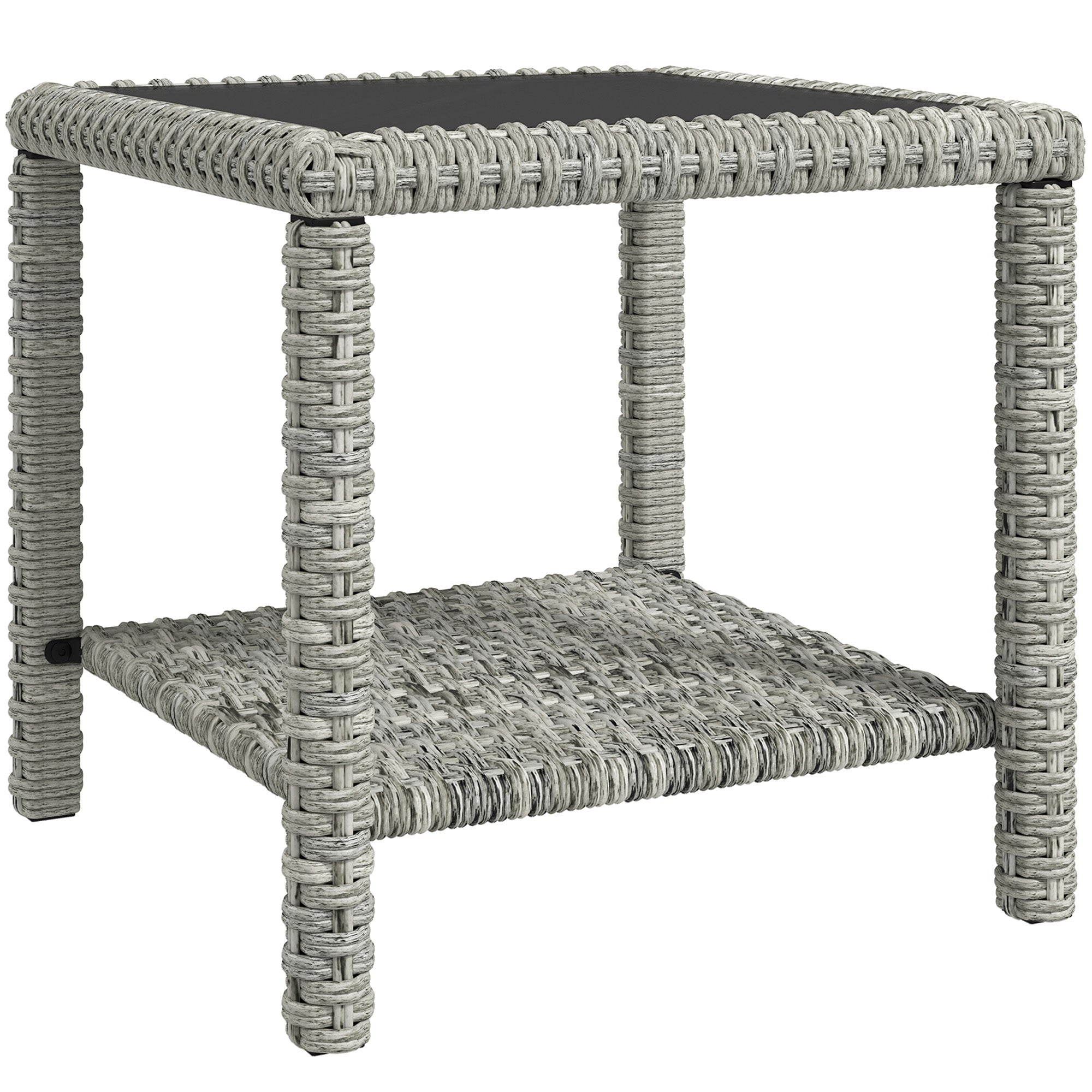 Outsunny 19" Outdoor Wicker Coffee Table with Glass Top, Storage Shelf for Garden Porch Balcony Deck, Dark Grey