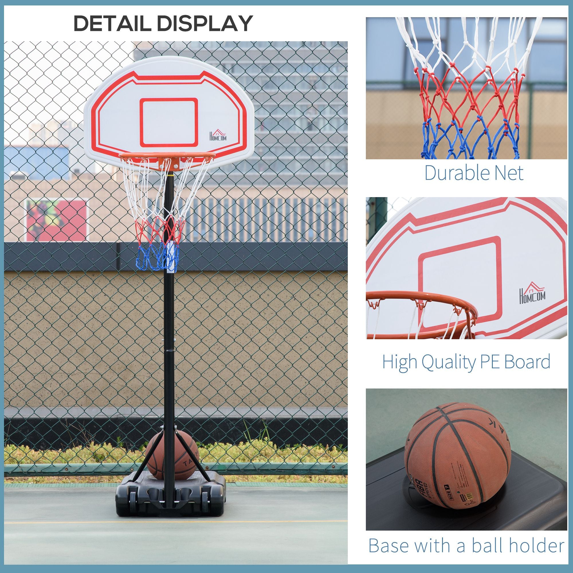 HOMCOM 7-8.5ft Basketball Hoop, Freestanding Basketball System with 27.5" Shatterproof Backboard and Wheels, White