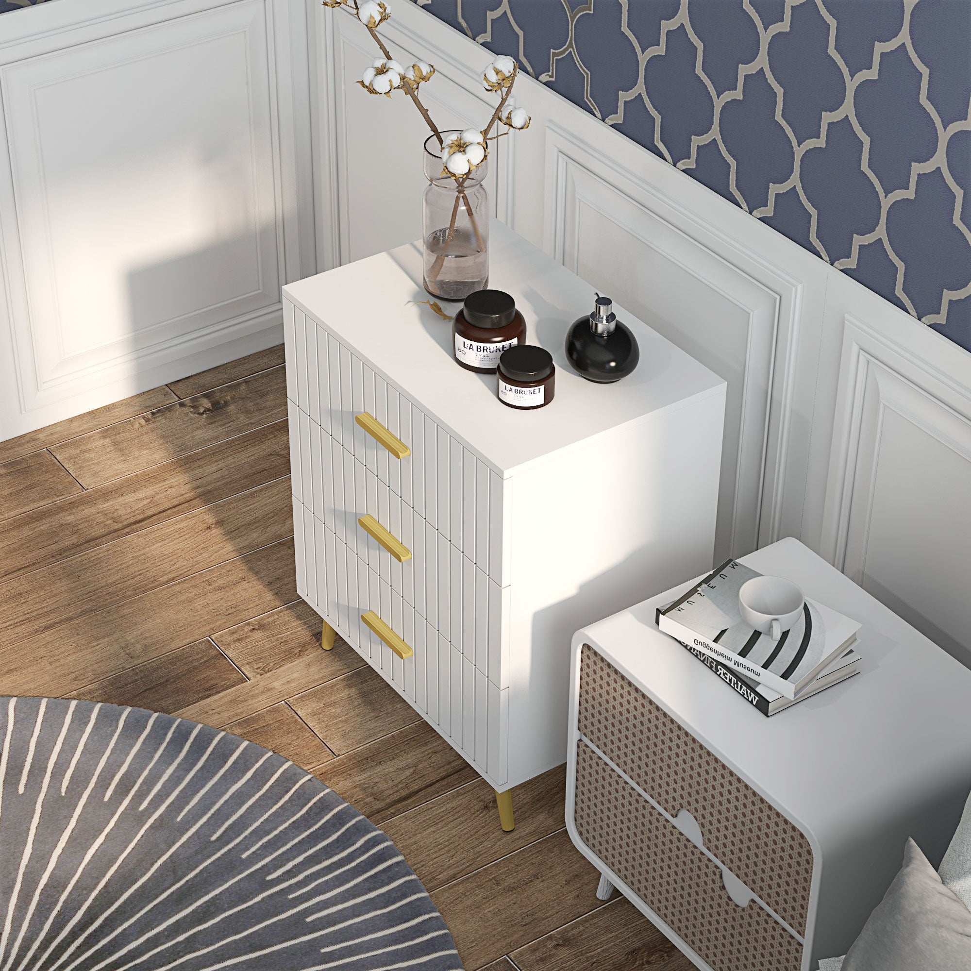HOMCOM 3 Drawer Cabinet, Drawer Chest for Bedroom, Chest of Drawers with Aluminium Legs and Gold Handles, White