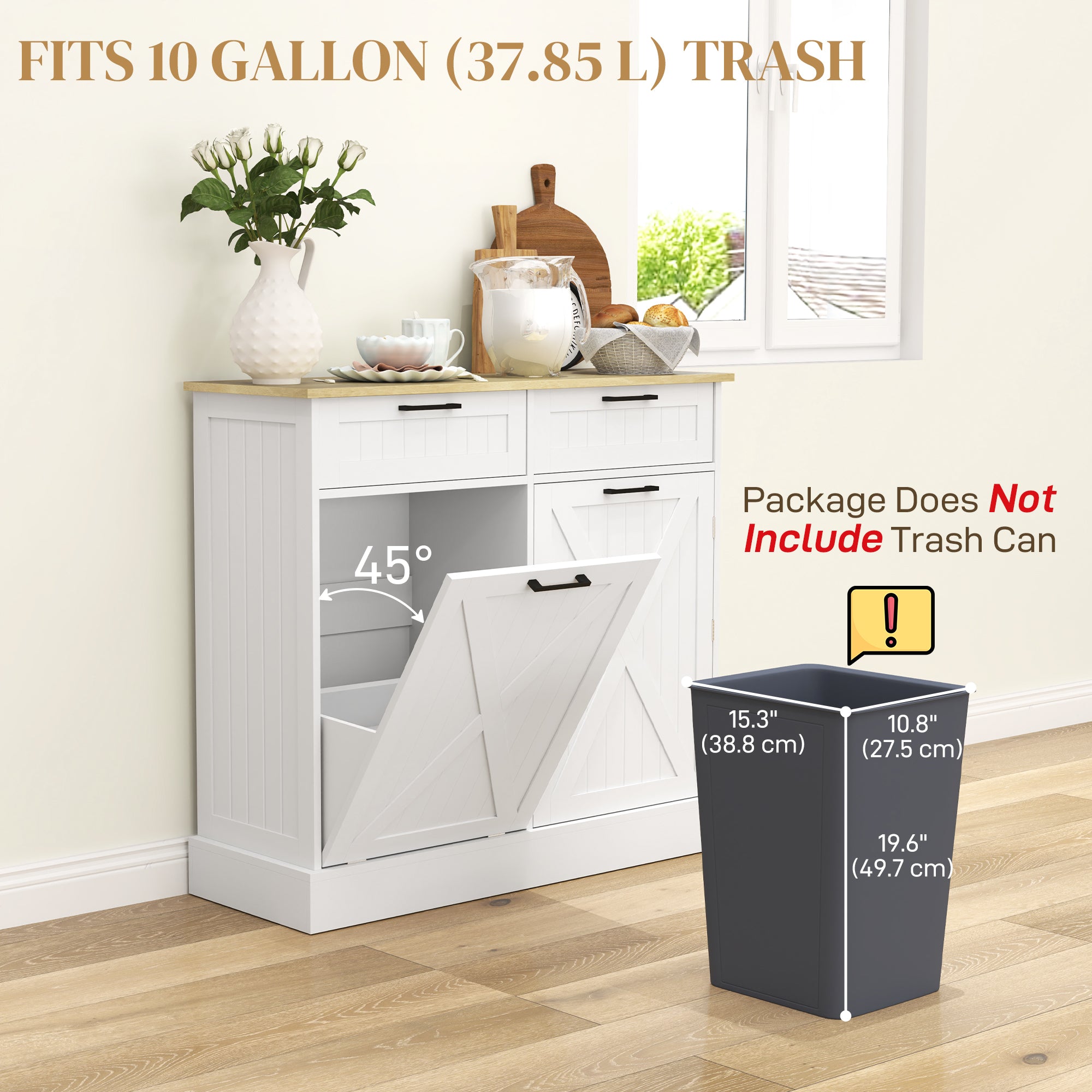 HOMCOM 10 Gallon Hidden Garbage Bin Cabinet, Tilt Out Trash Cabinet w/ 2 Drawers, Freestanding Kitchen Island, White