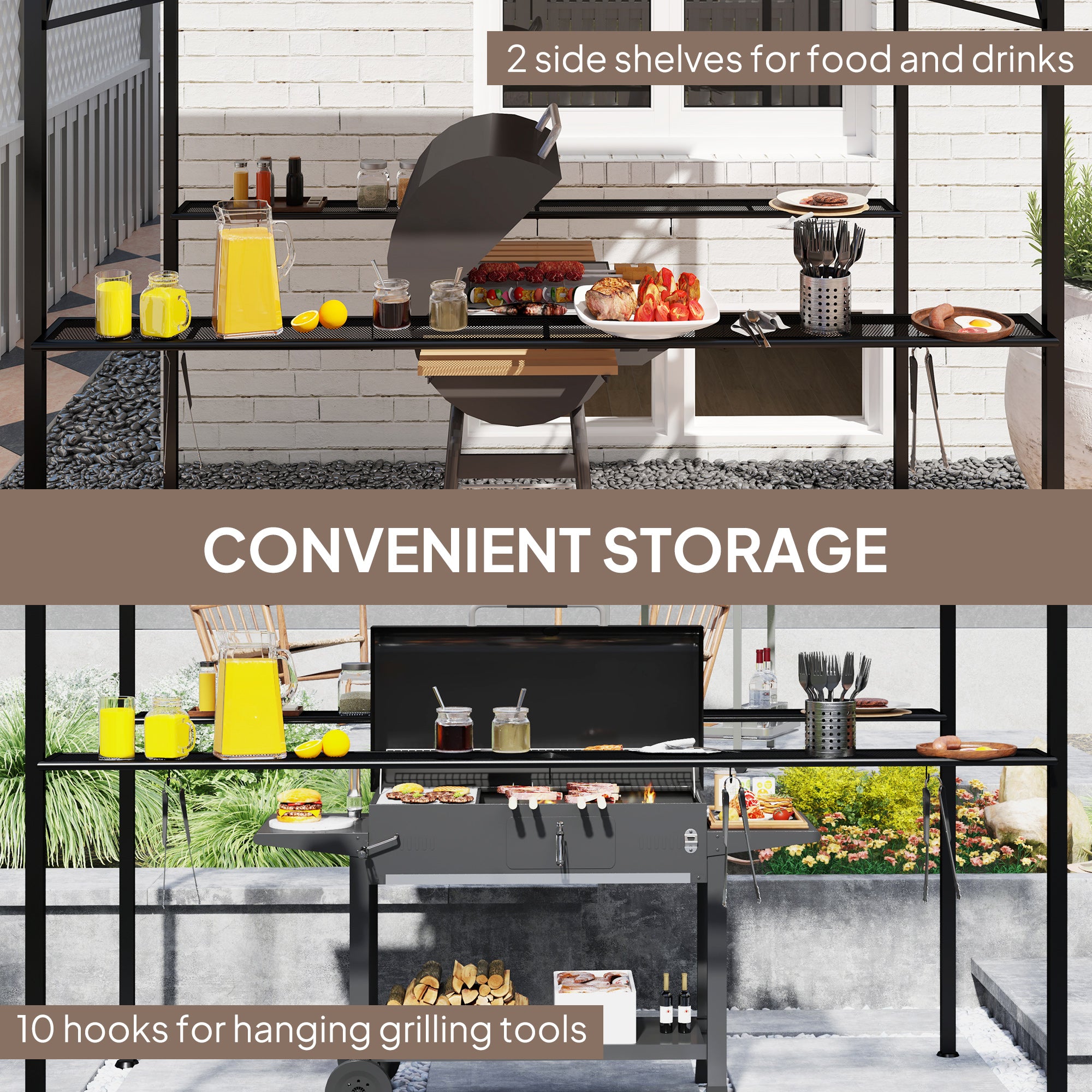 Outsunny 8' x 5' Hardtop Grill Gazebo, Outdoor BBQ Gazebo with PC Board Roof, BBQ Canopy Gazebo with 2 Side Shelves and 10 Hooks